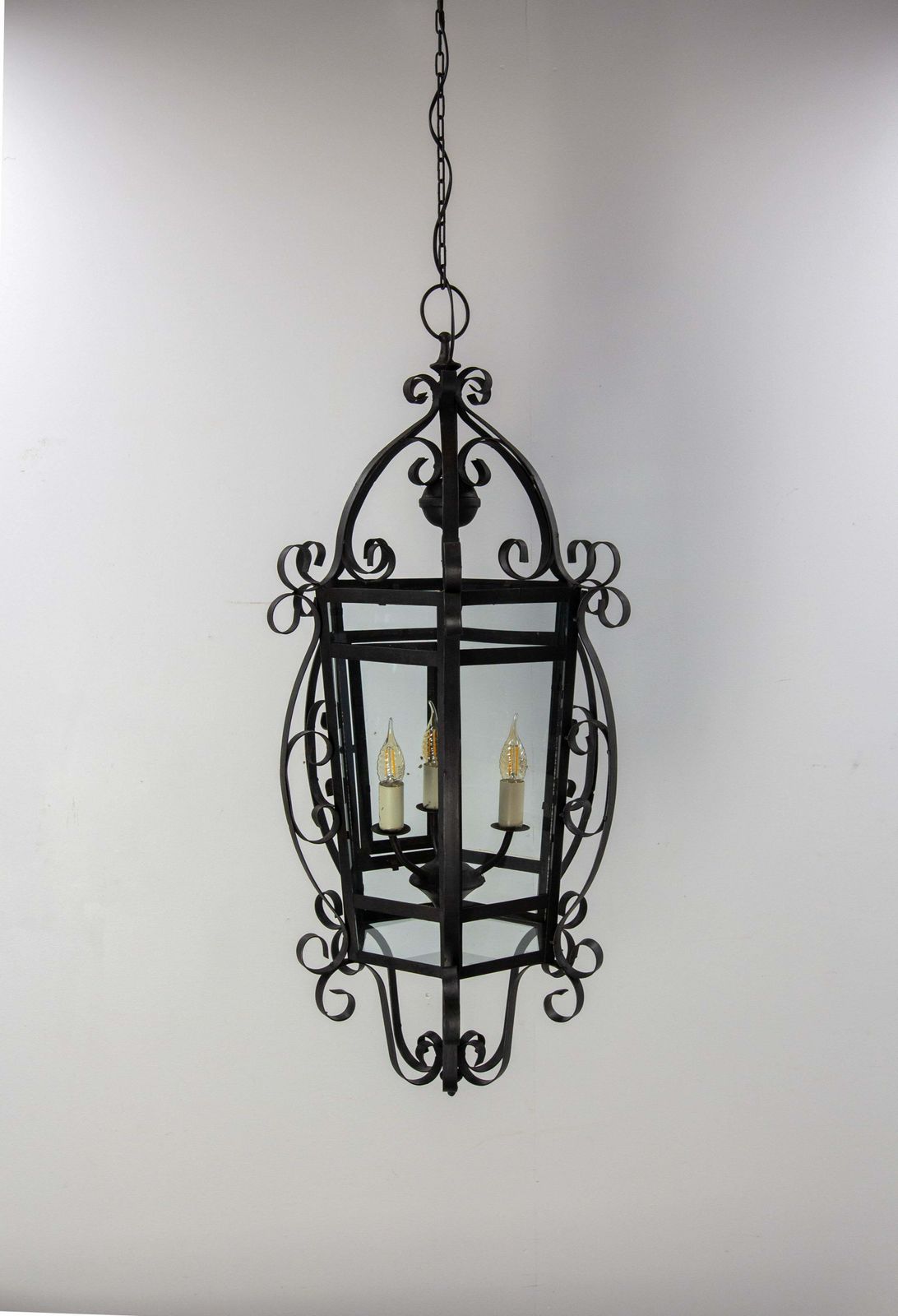 French Ceiling Lamp Wrought Iron And Glass Pendant Lustre, Circa 1960 photo furniture