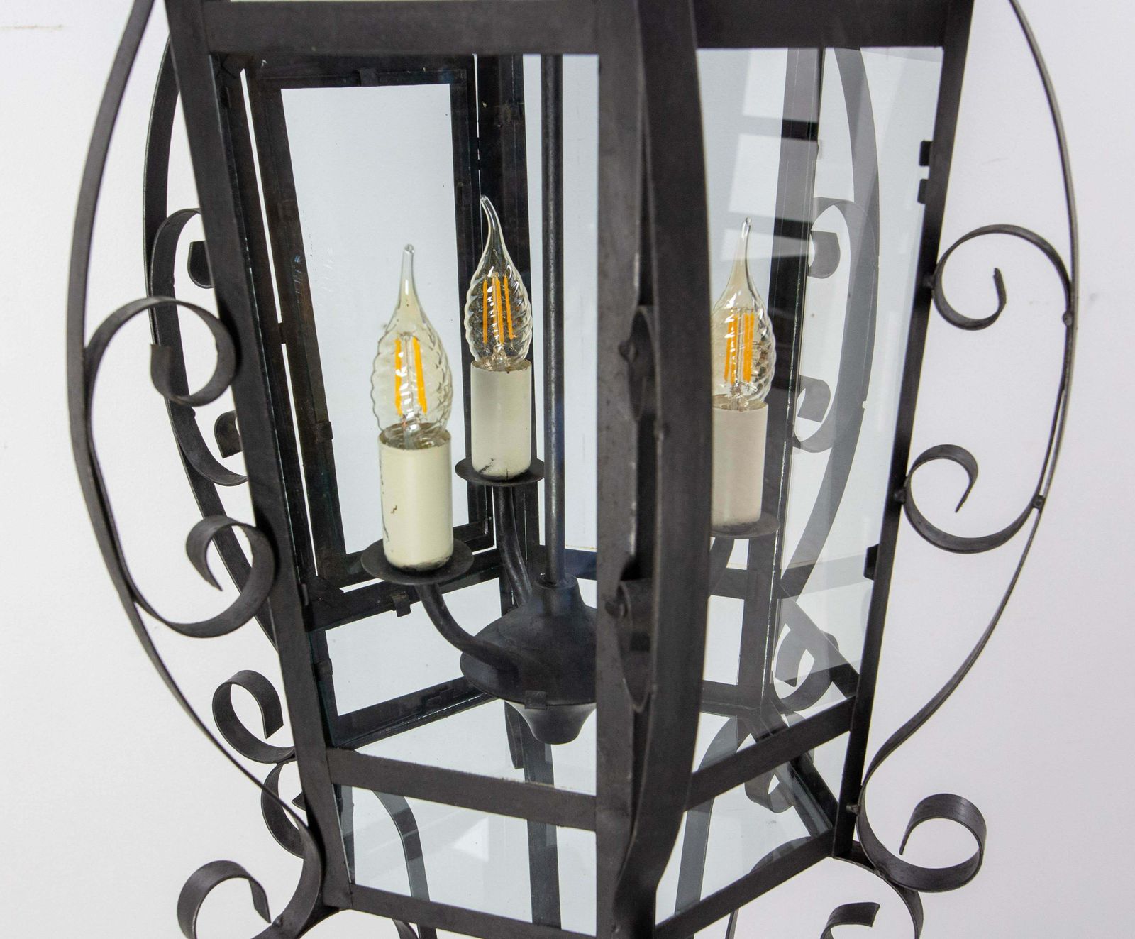 French Ceiling Lamp Wrought Iron And Glass Pendant Lustre, Circa 1960 photo buy