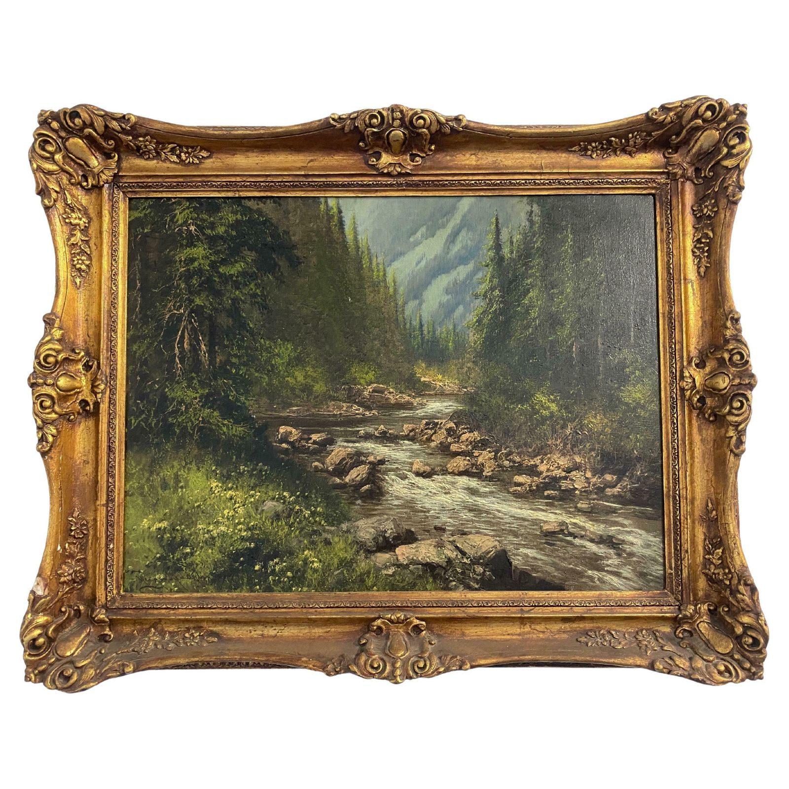 Antique Oil Painting "Mountain Landscape With Stream" By Lazlo Neogrady