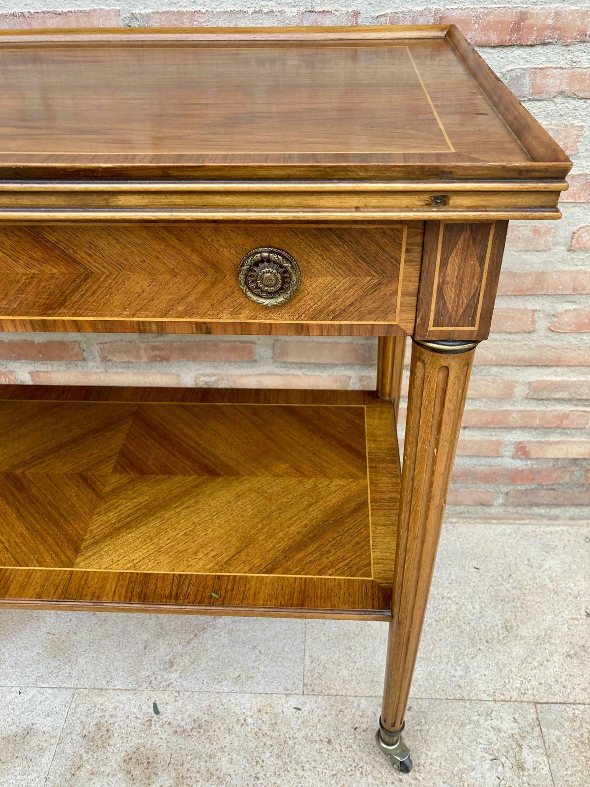Neoclassic French Marquetry Side Table With One Drawer And Wheels 1940s photo furniture