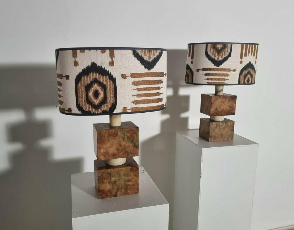Mid Century Italian Red And Cream Marble Table Lamps, 1960s, Set Of 2 photo Lighting