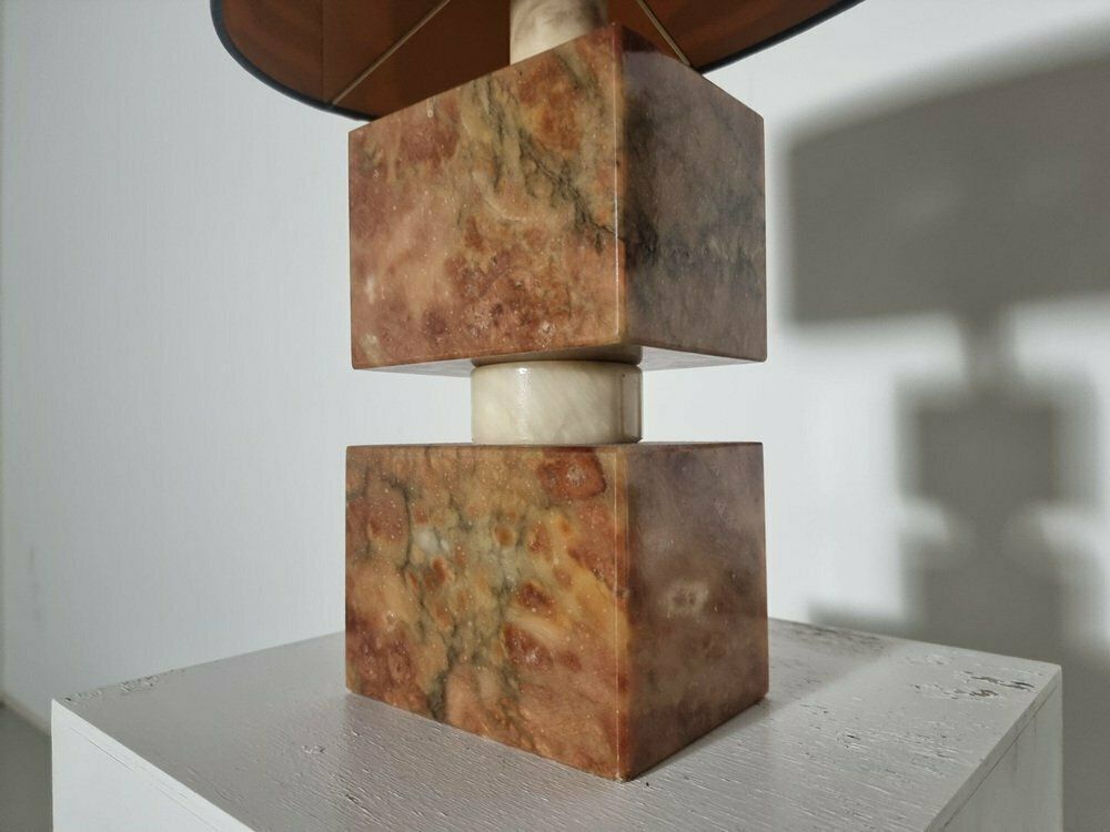 Mid Century Italian Red And Cream Marble Table Lamps, 1960s, Set Of 2 photo vinterior