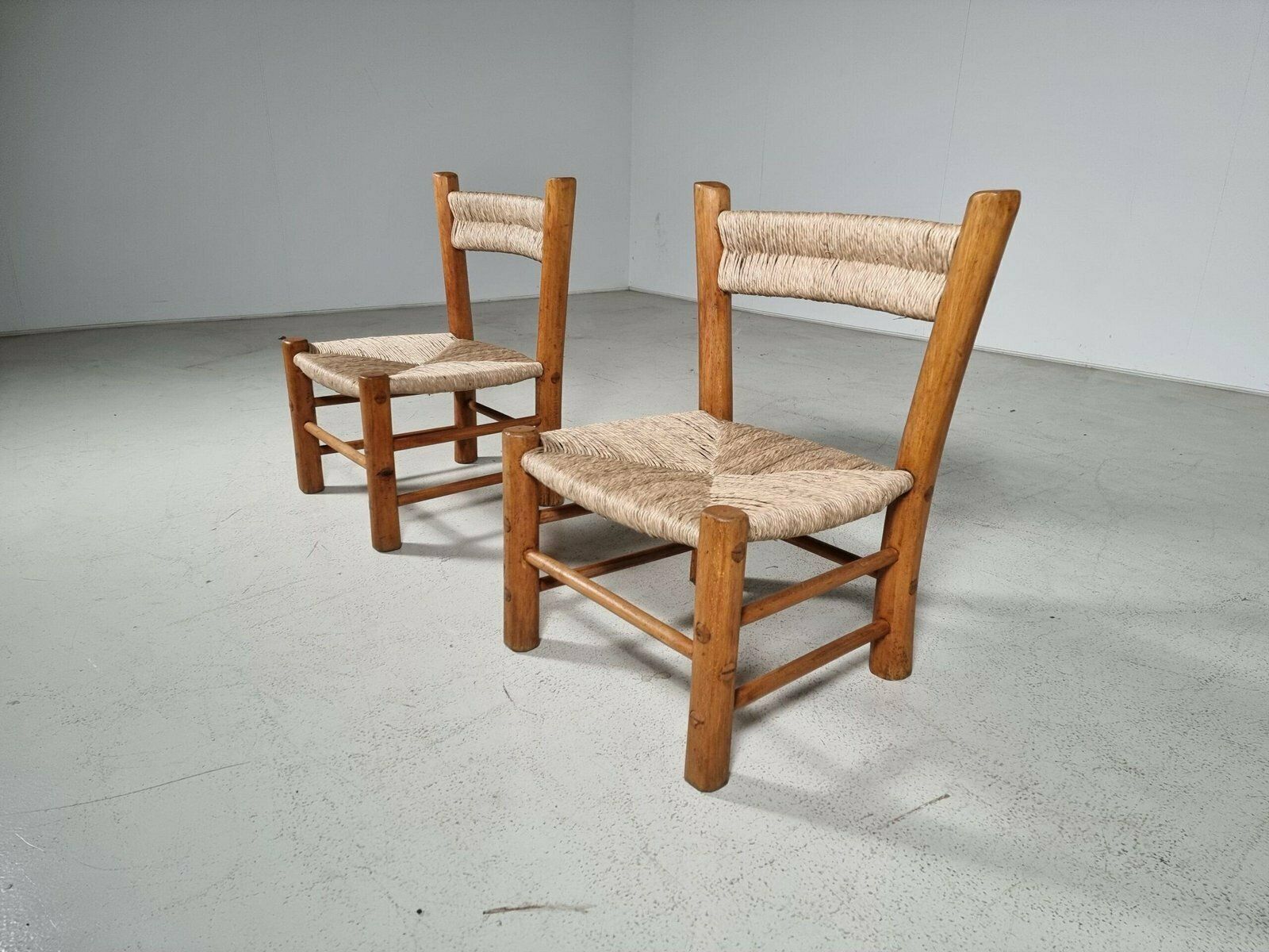French Rustic Chairs In Elm Wood & Straw By Charlotte Perriand, 1960s, Set Of 2 photo furniture