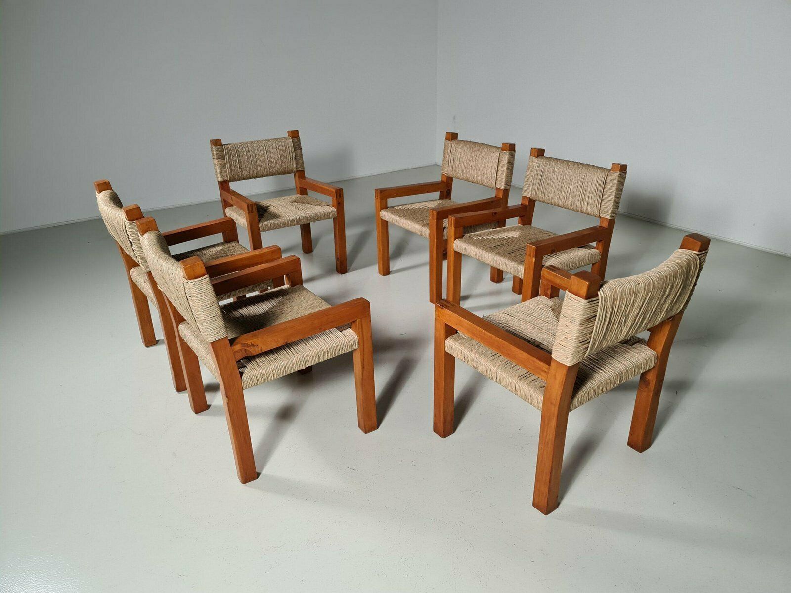 Brutalist Pine Wood Dining Chairs, France, 1960s, Set Of 6 photo furniture