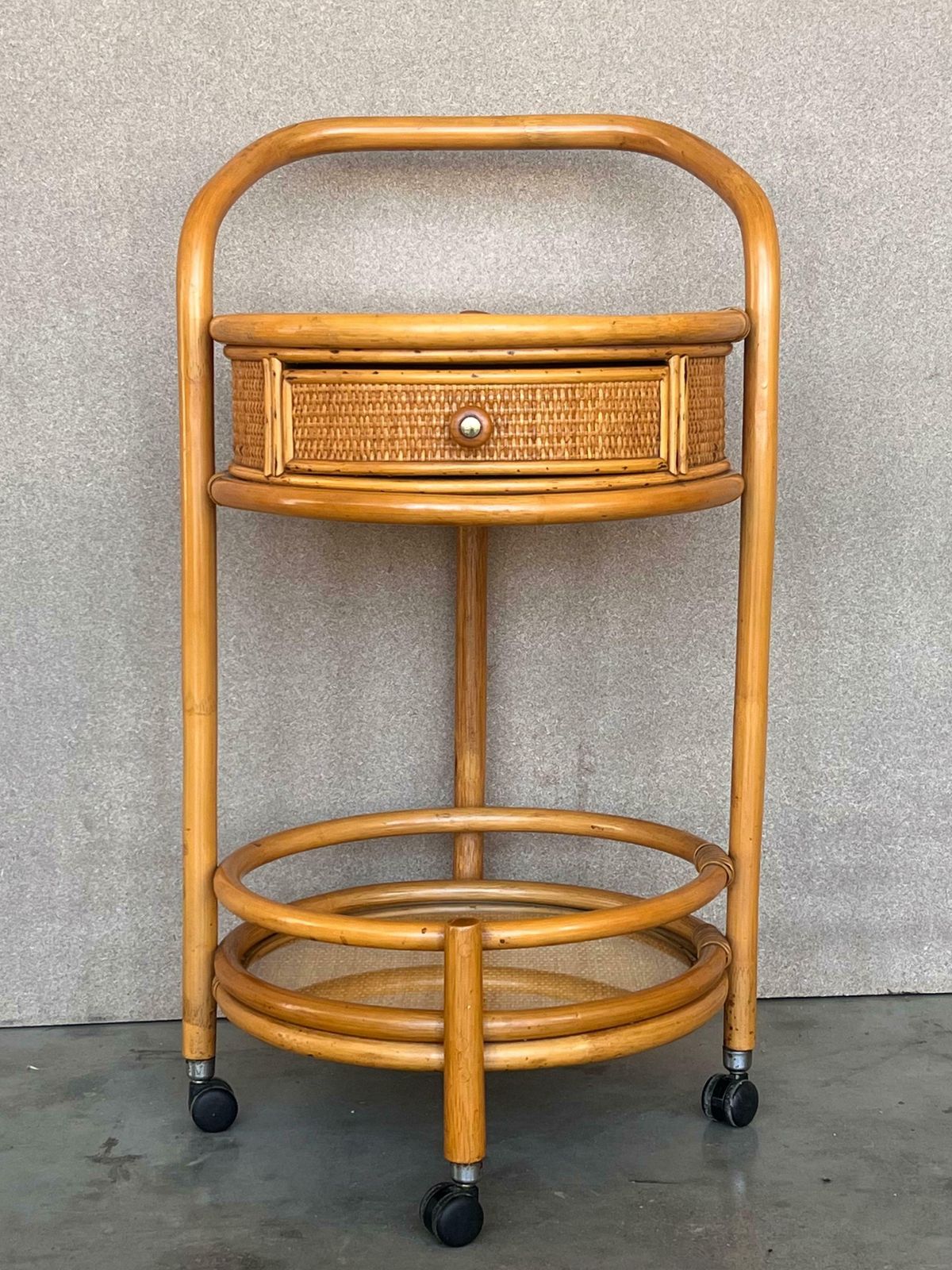 Mid 20th Century Round Serving Bar Cart Trolley In Bamboo & Rattan Italy, 1960s photo furniture