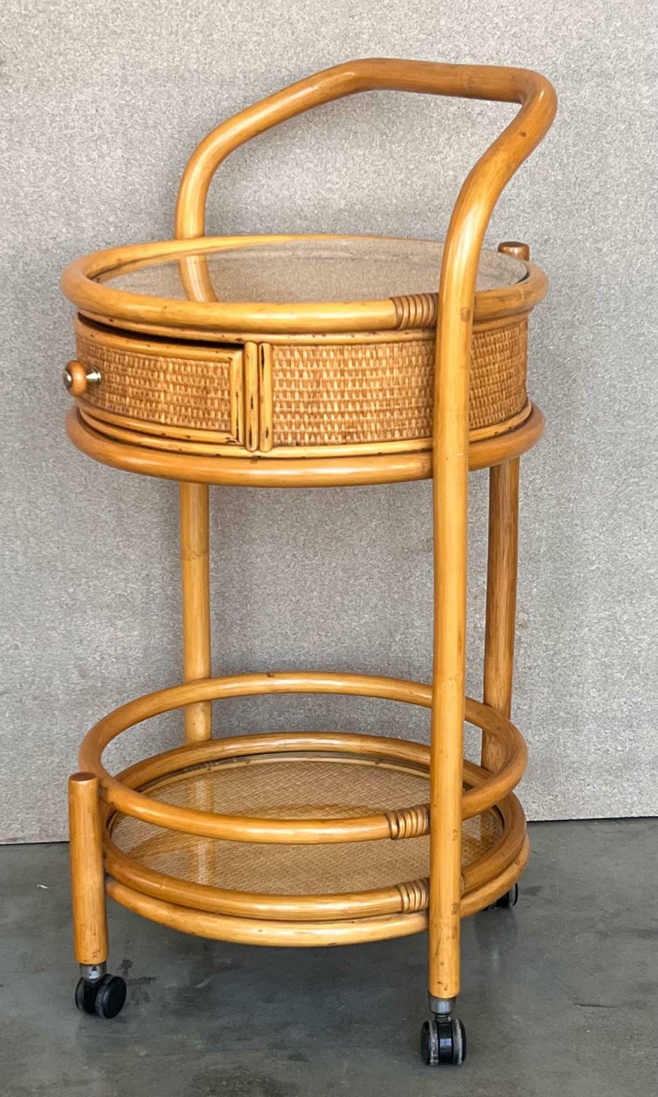 Mid 20th Century Round Serving Bar Cart Trolley In Bamboo & Rattan Italy, 1960s photo for sale
