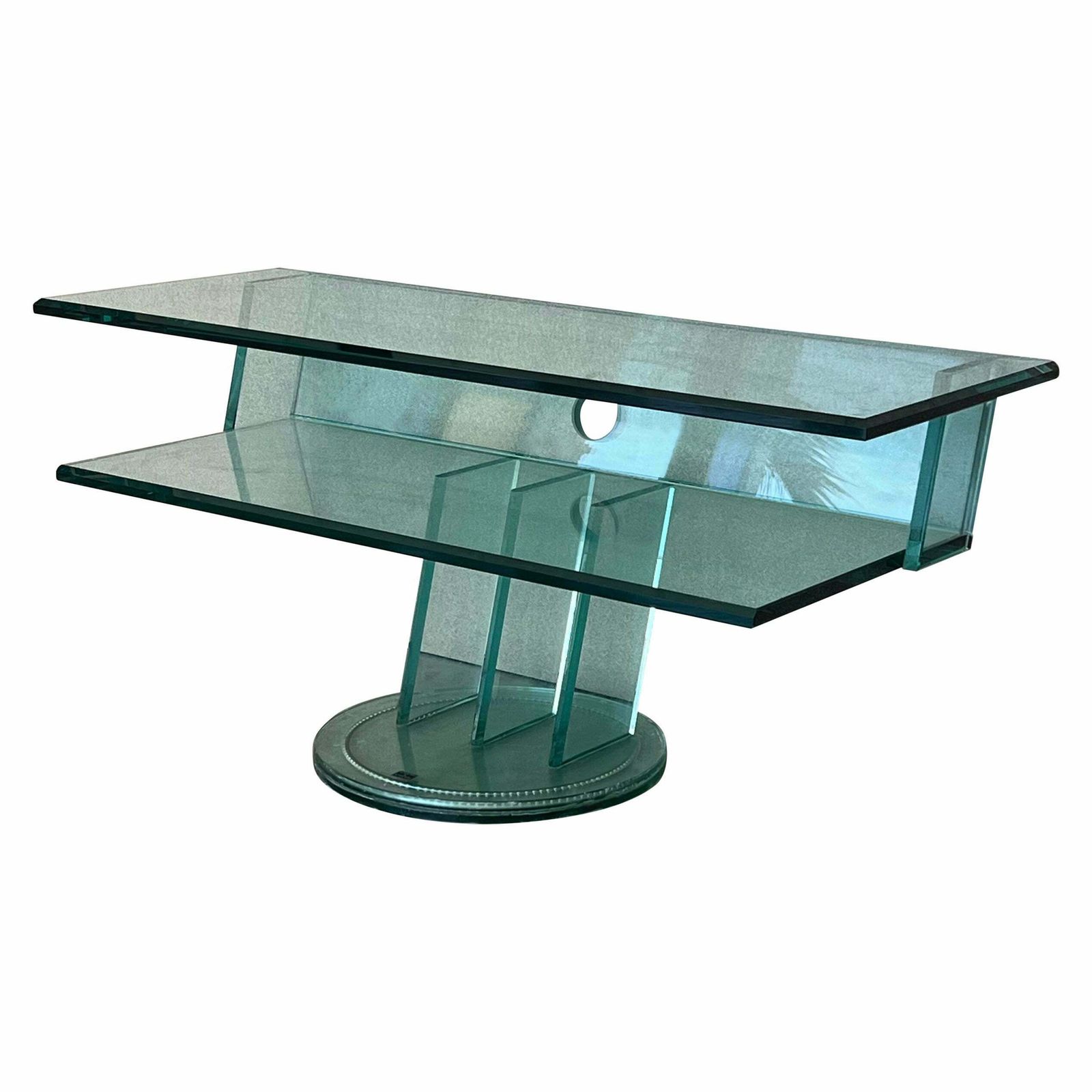 Desserte bar pivotante mid-century modern italienne, plateaux en verre et base en miroir