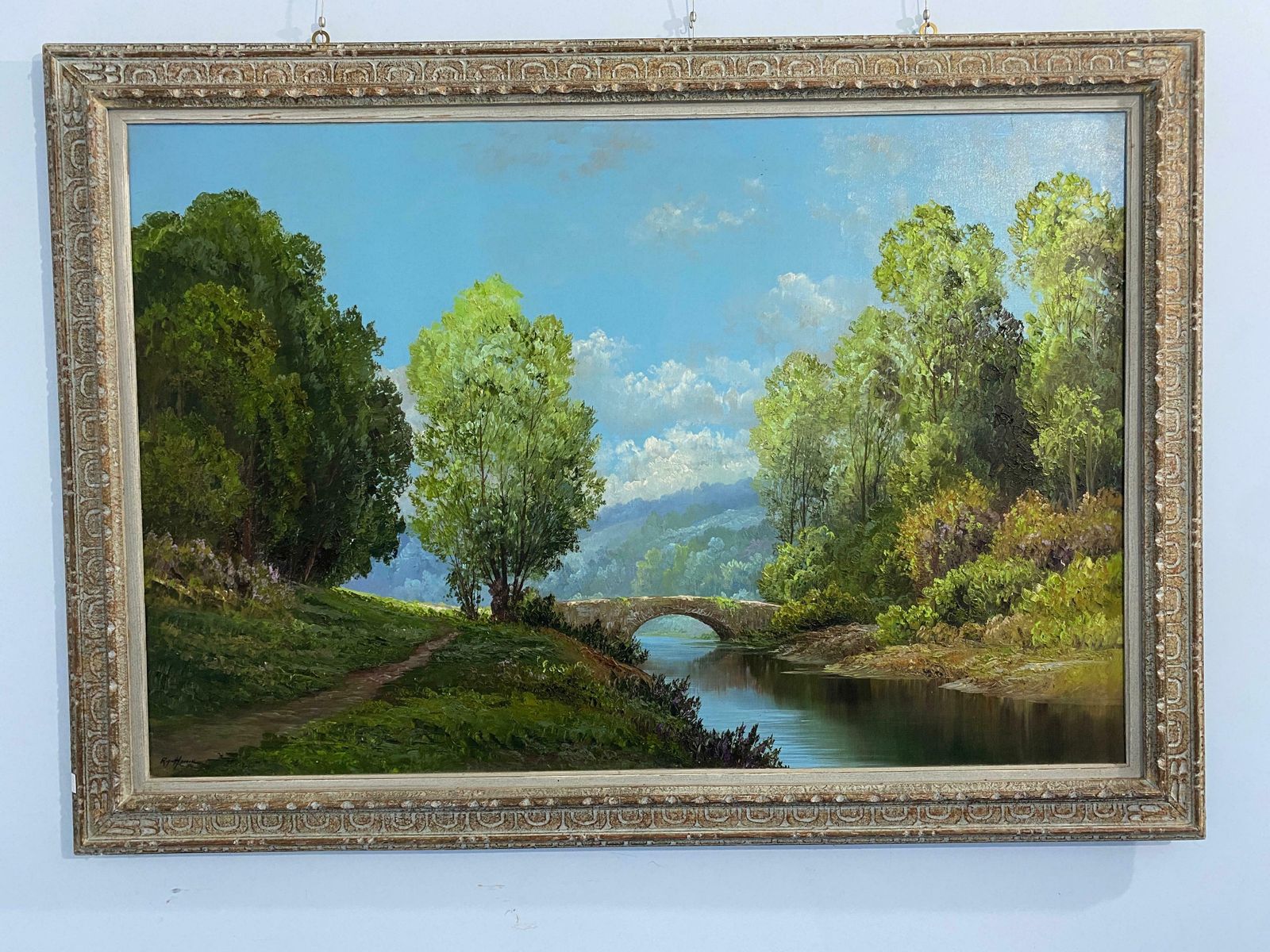 Oil Painting "Landscape With Bridge" Signed, France 1960 photo furniture