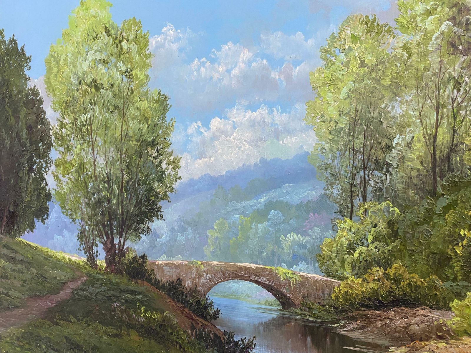 photo furniture Oil Painting "Landscape With Bridge" Signed, France 1960
