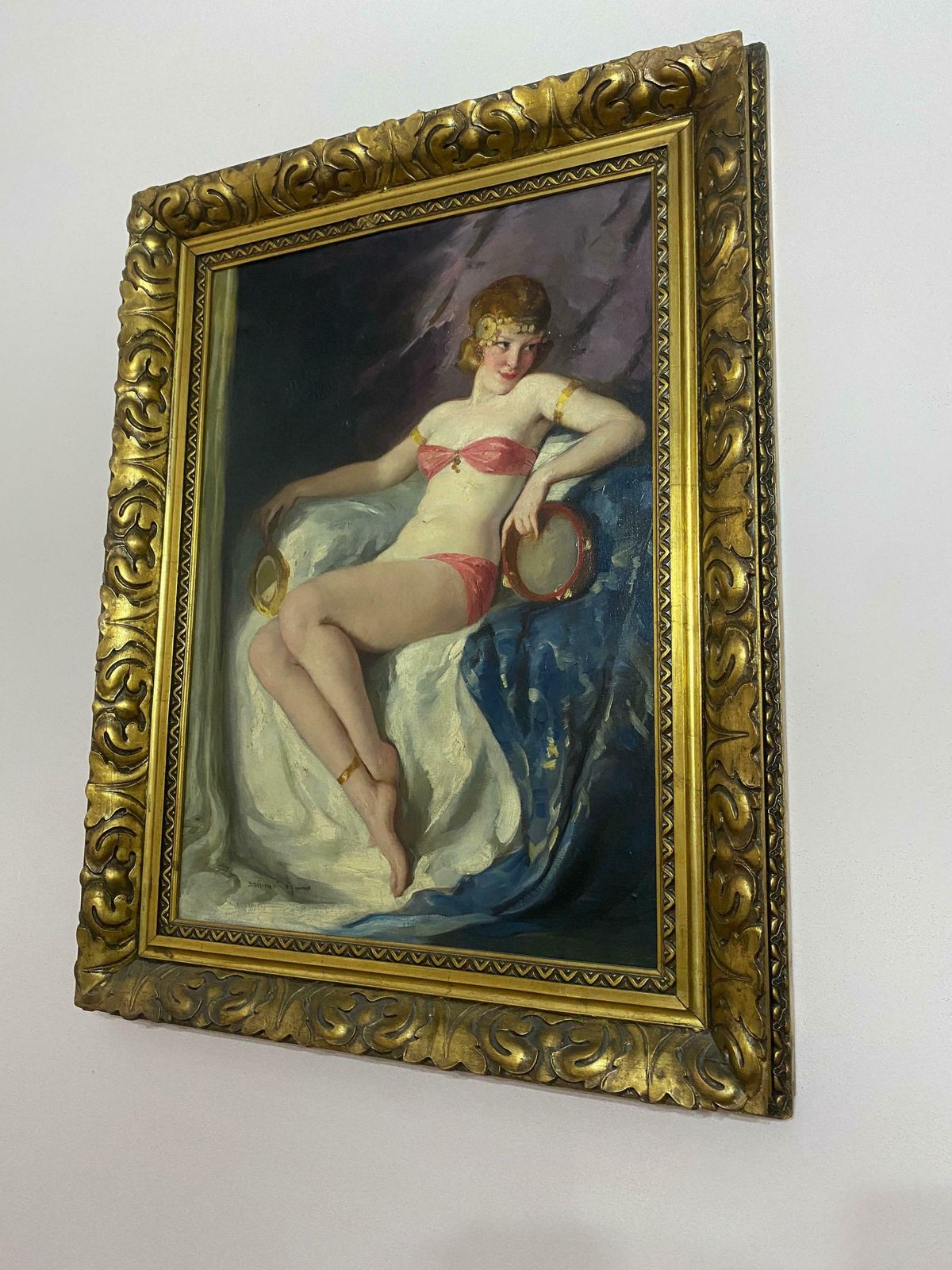Antique Art Deco Oil Painting "Dancer" Signed Szantho Maria, Hungary 1940s photo furniture
