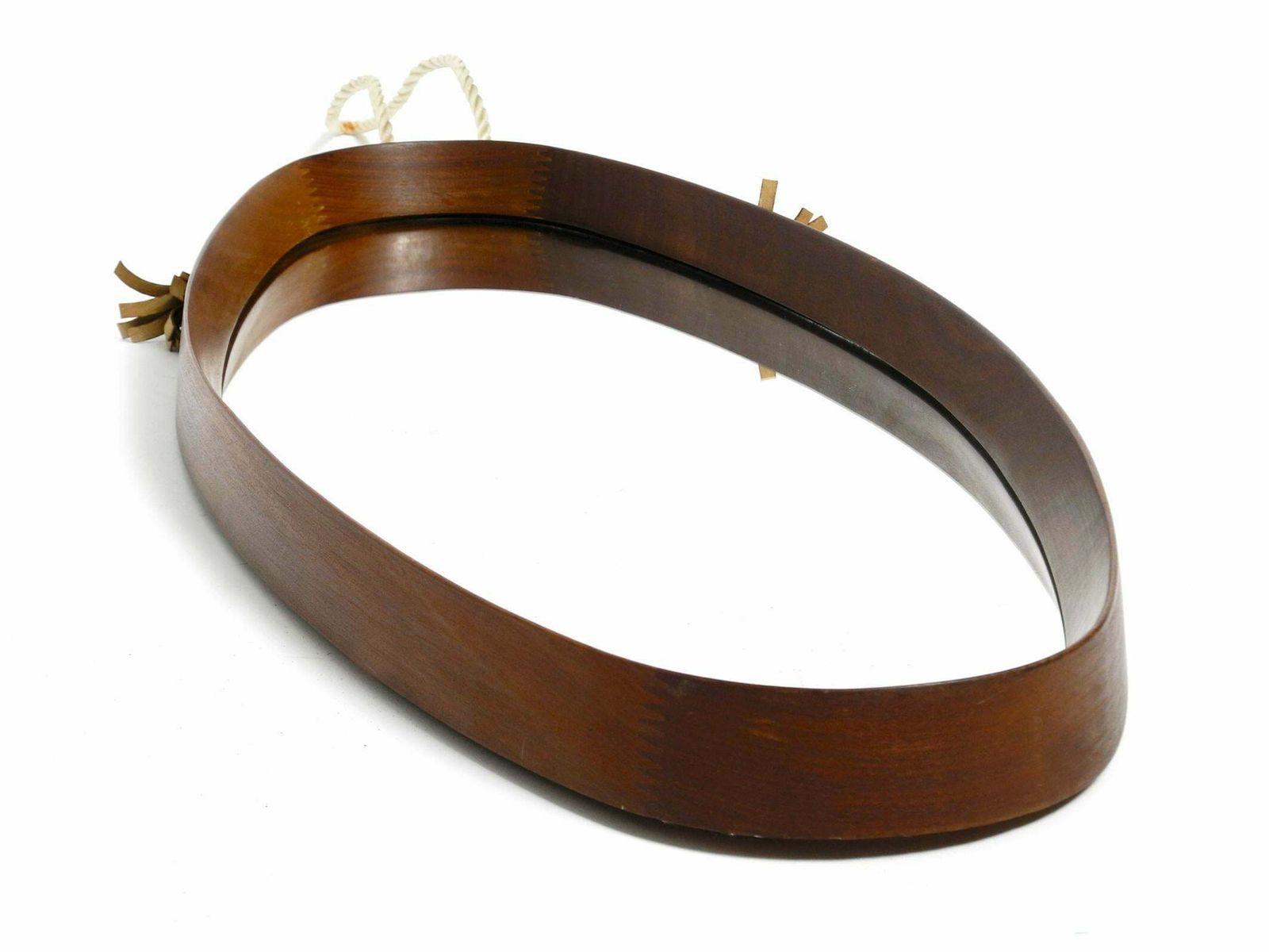 1960s Oval Large Teak Wall Mirror With Thick Nylon Rope Made In Italy photo for sale