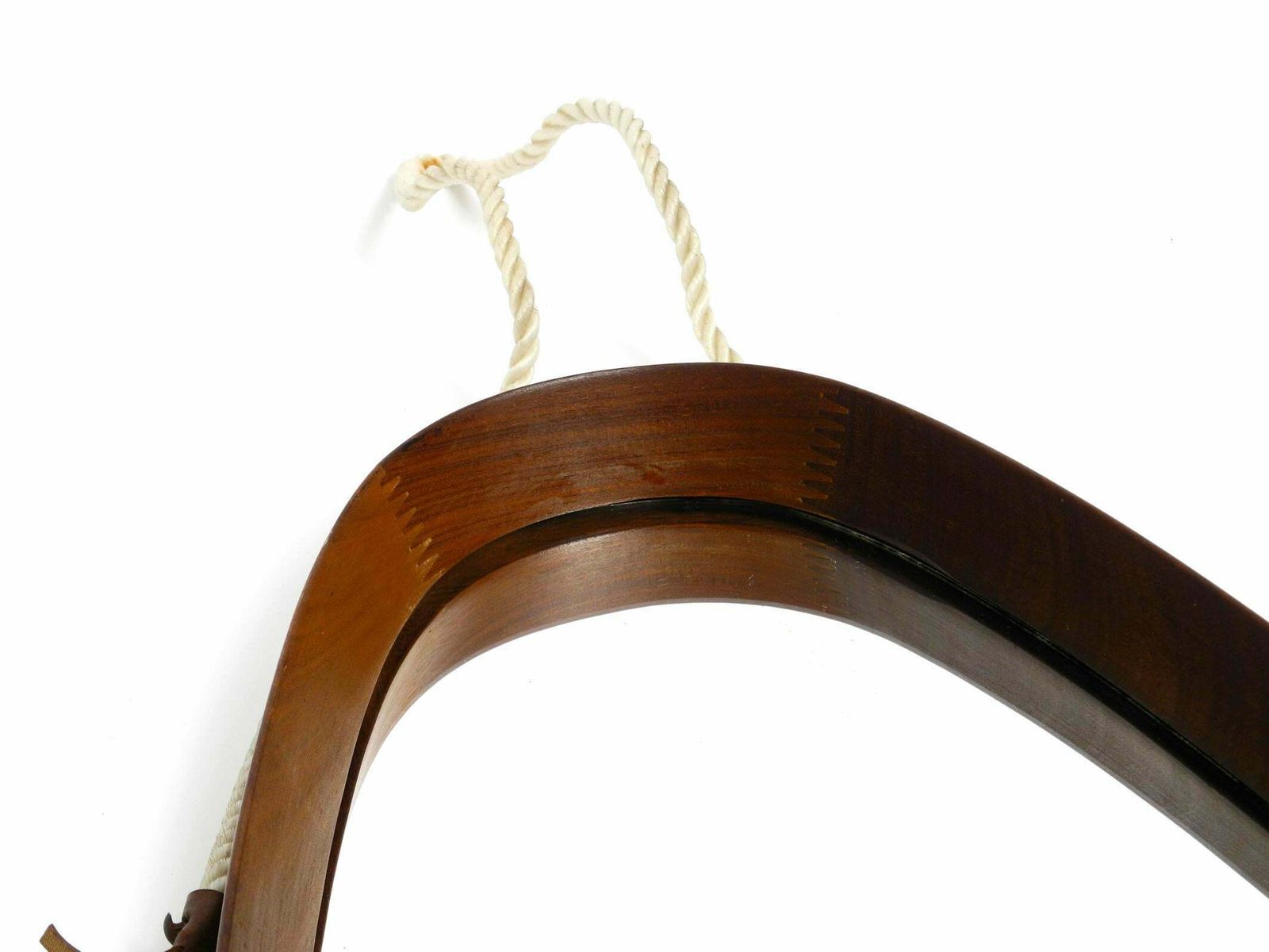 1960s Oval Large Teak Wall Mirror With Thick Nylon Rope Made In Italy photo vinterior