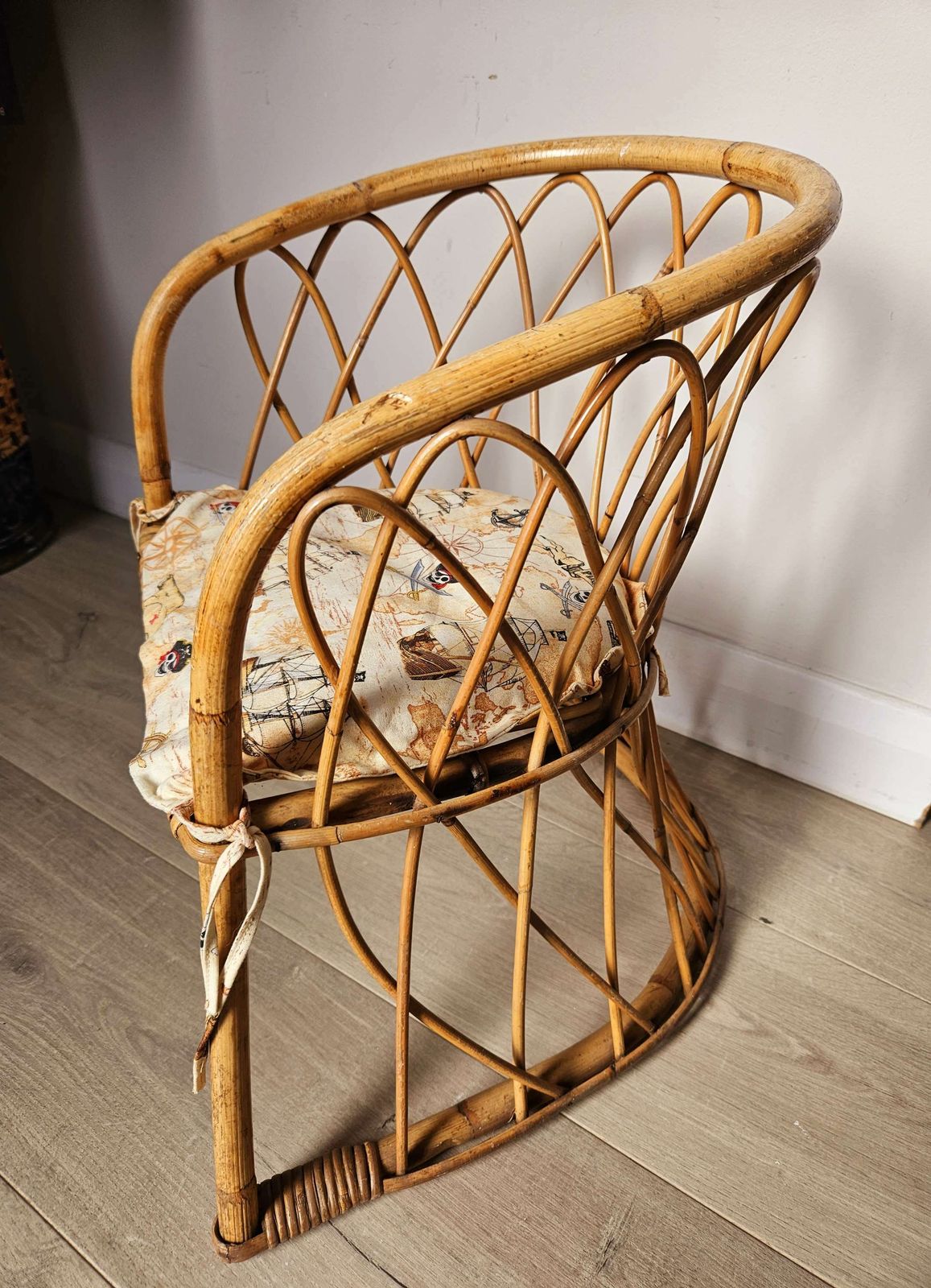Mid Century, Bamboo Child's Chair With Fitted Cushion