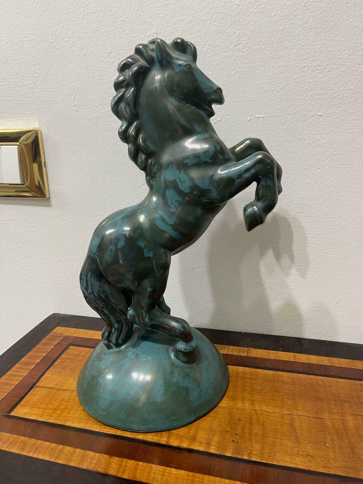 Italian Ceramic From 1940 Green Glazed Horse Sculpture Perugia Manufacture photo furniture