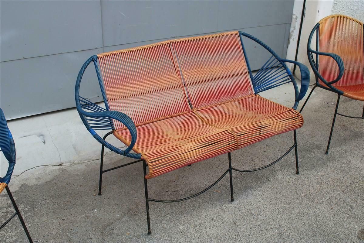 Mid Century Italian Red And Blue Metal And Plastic Sofa And Armchairs 1950s photo buy