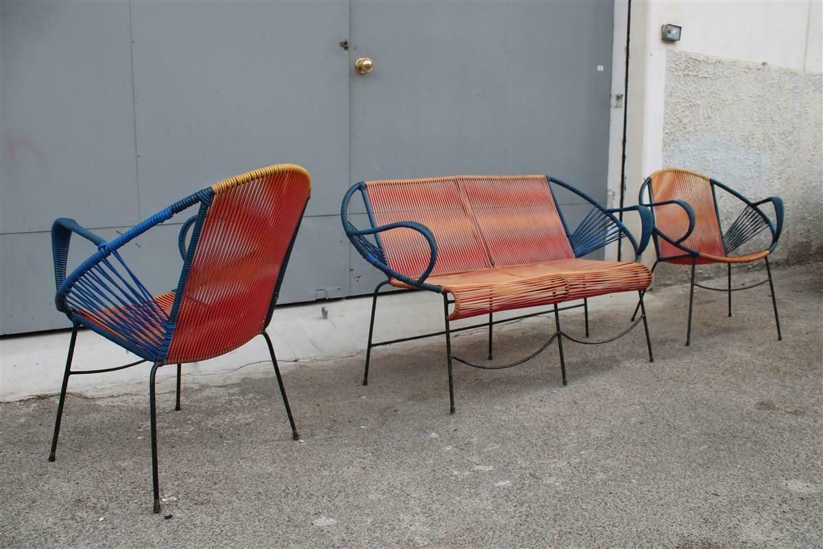 photo buy Mid Century Italian Red And Blue Metal And Plastic Sofa And Armchairs 1950s