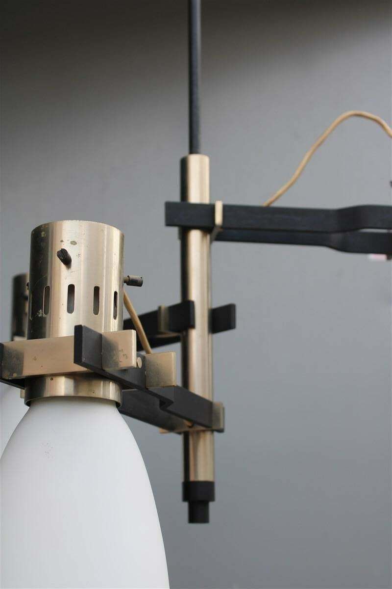 photo for sale Italian Stilnovo Chandelier In Black And Nickel Plated Metal Satin Glass Bowls