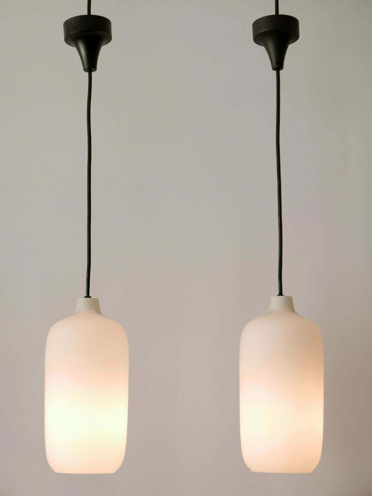 Set Of Two Elegant Scandinavian Opaline Glass Pendant Lamps 1960s photo furniture