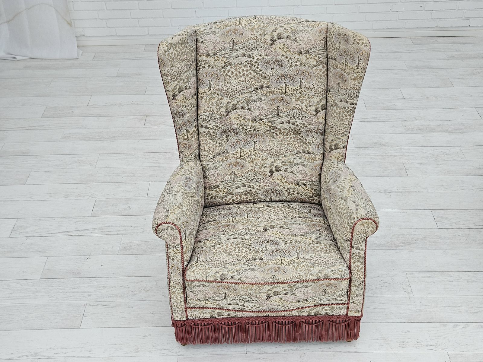 1955 60s, Danish Design, High Back Armchair In Floral Multicolor Fabric, Original Condition. photo vinterior