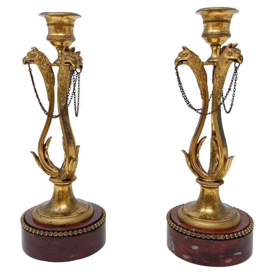 Pair Of Candlesticks, Louis XVI, Gilded Bronze And Griotte Marble