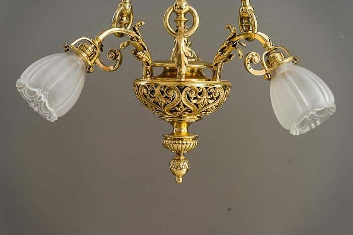 Historic Chandelier Vienna Around 1890s With Original Antique Glass Shades photo for sale