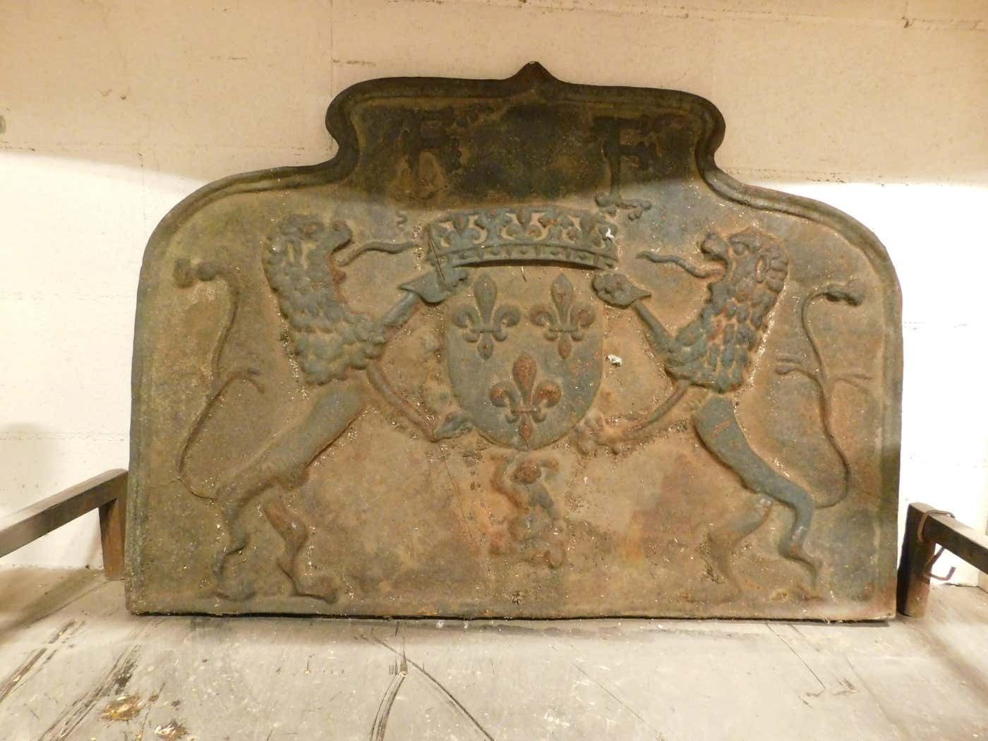 Large Cast Iron Fireplace Backplate, Carved With Noble Coat Of Arms, Italy photo for sale