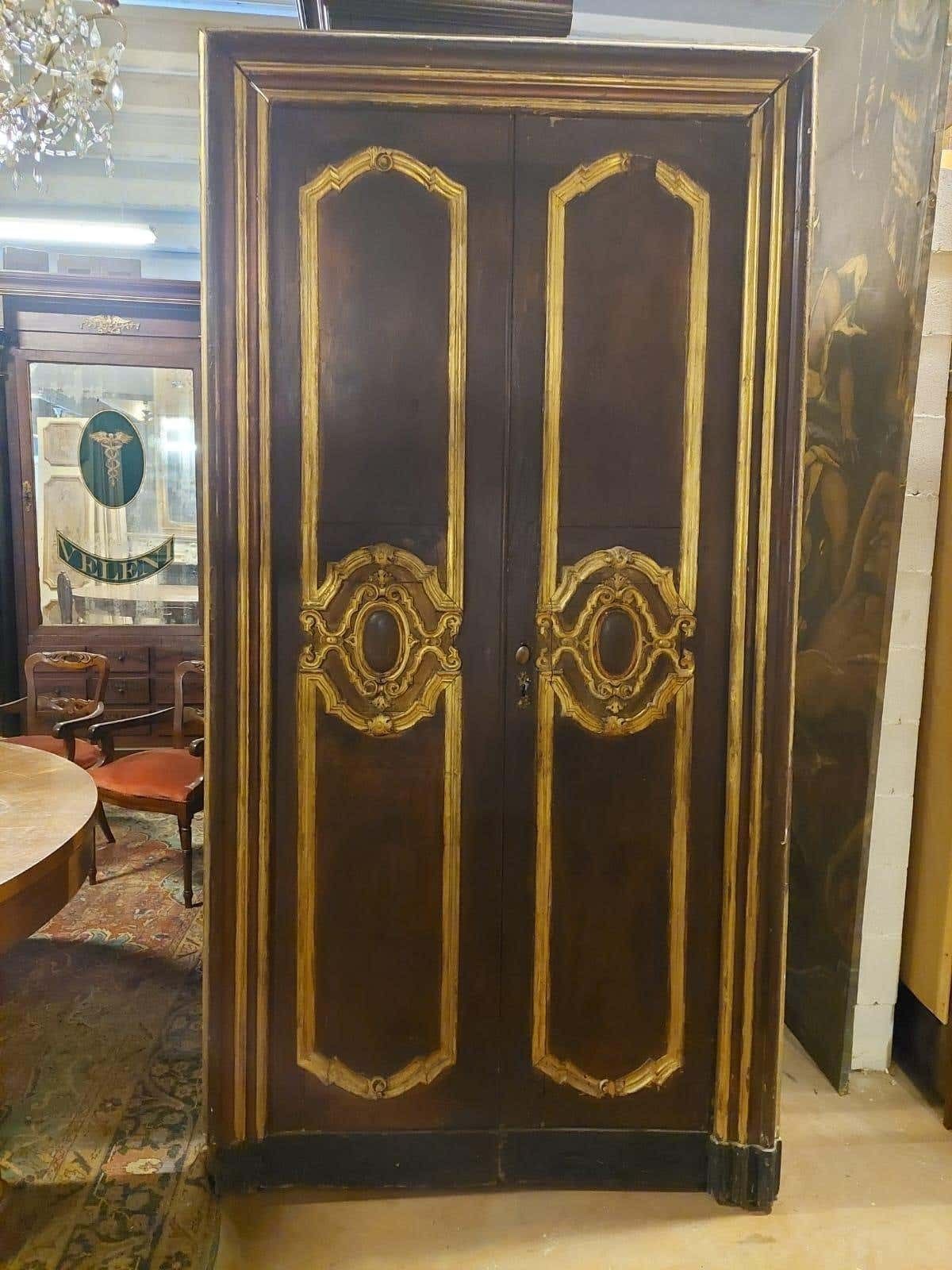 Set Of 2 Double Doors With Frames, Brown And Gold Lacquered, Italy photo vinterior