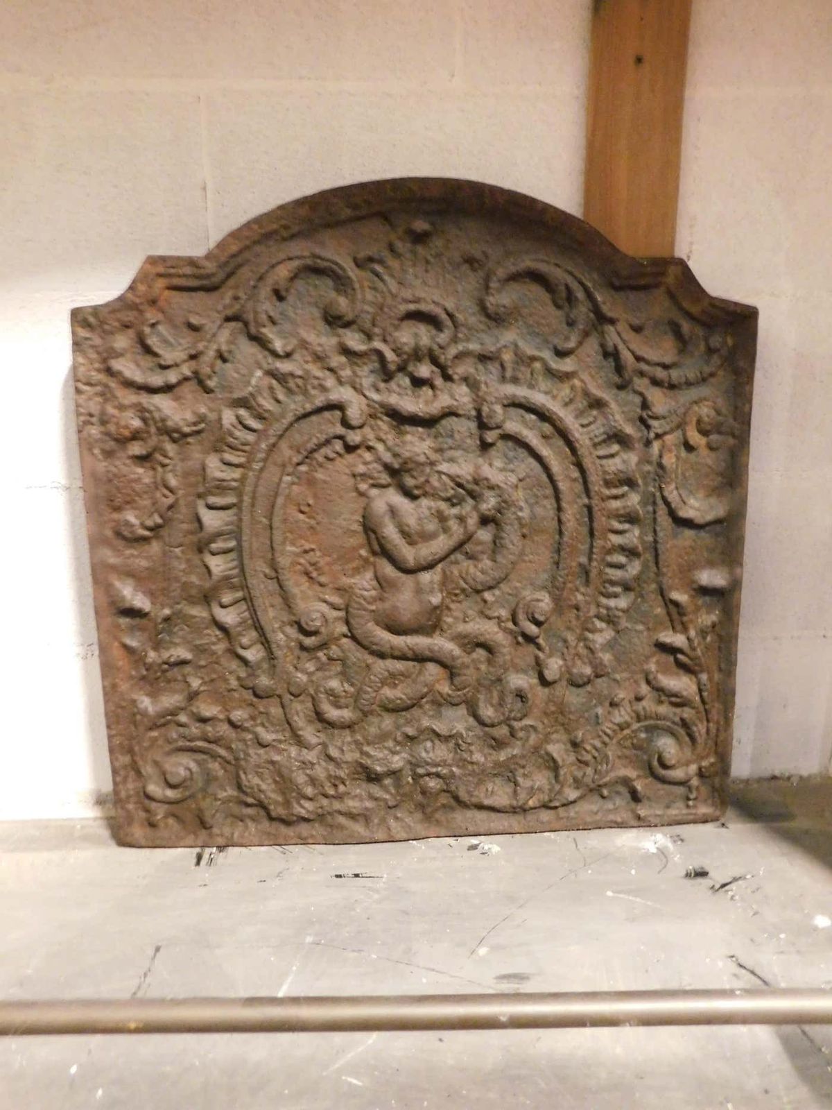 Richly Carved Cast Iron Fireplace Backplate photo for sale