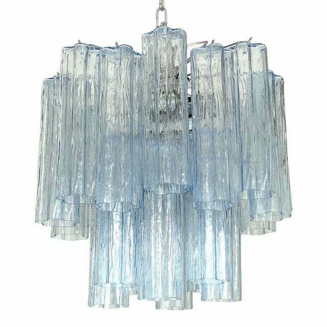 Contemporary Sky Blue “Tronchi” Murano Glass Chandelier In Venini Style