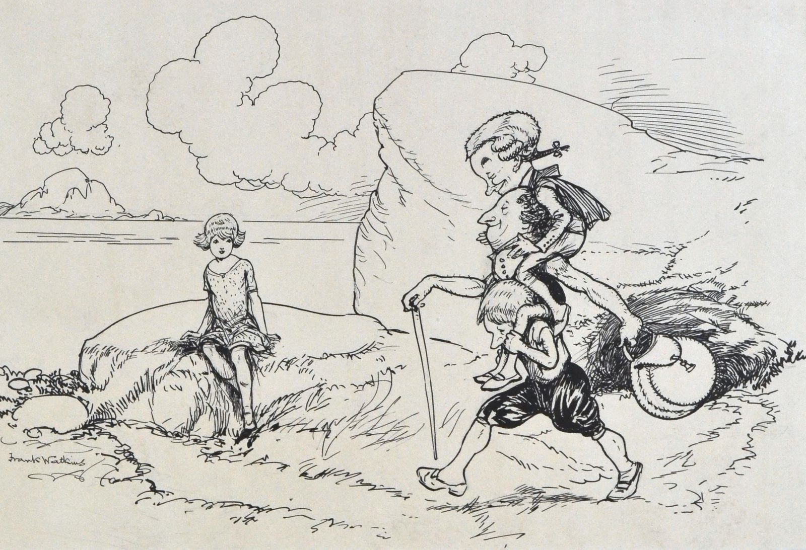 The Travellers   Original 1920s British Children's Book Illustration By Frank Watkins, Pen And Ink