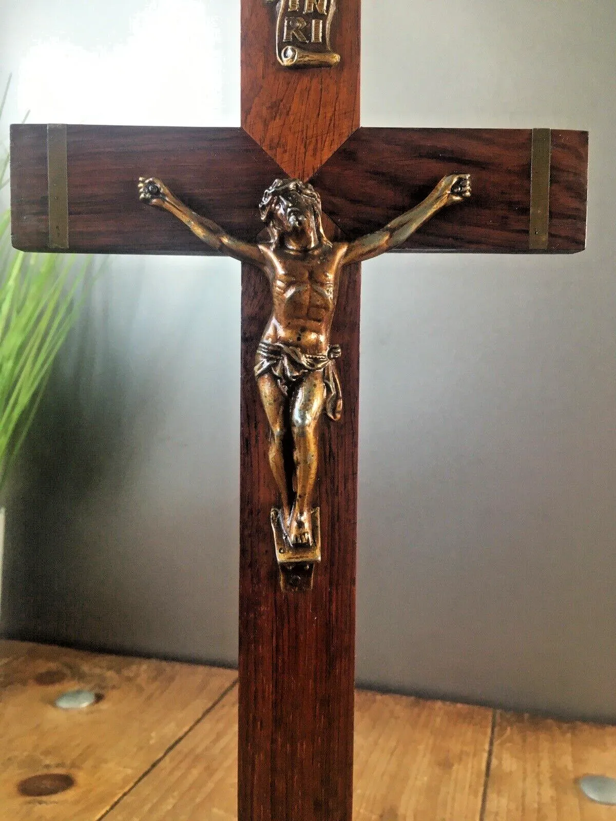 Antique French Art Deco Ecclesiastical Wooden Altar Crucifix Church Cross Jesus photo Art