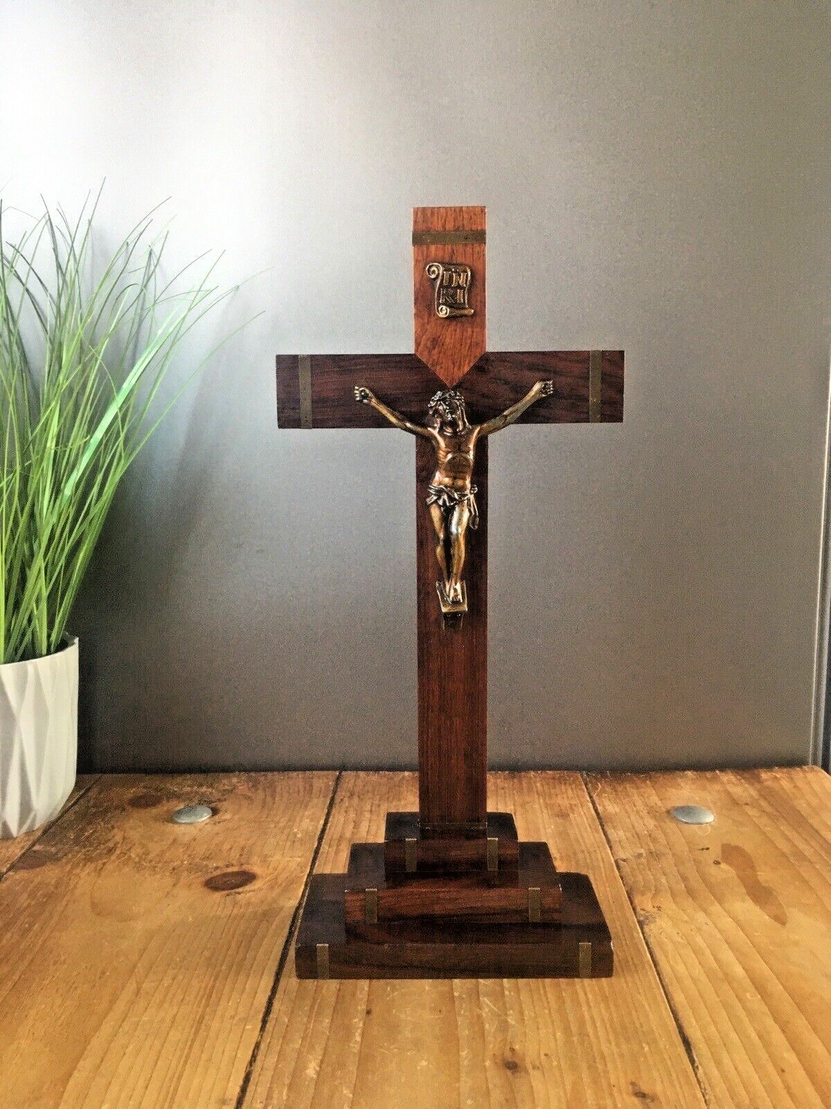 Antique French Art Deco Ecclesiastical Wooden Altar Crucifix Church Cross Jesus photo vinterior