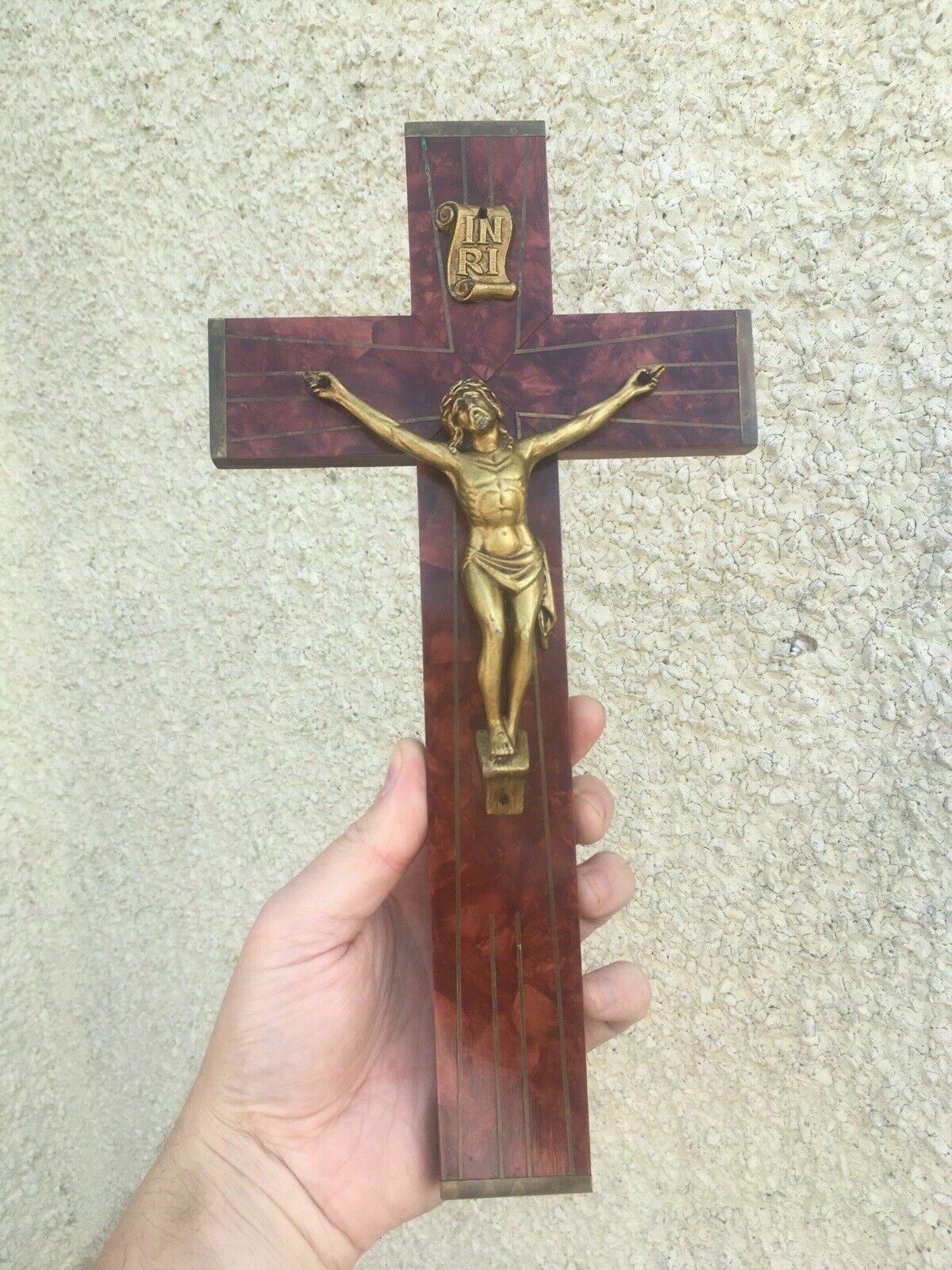 Antique French Art Deco Bakelite Brass Wall Hanging Crucifix Church Cross Jesus photo furniture