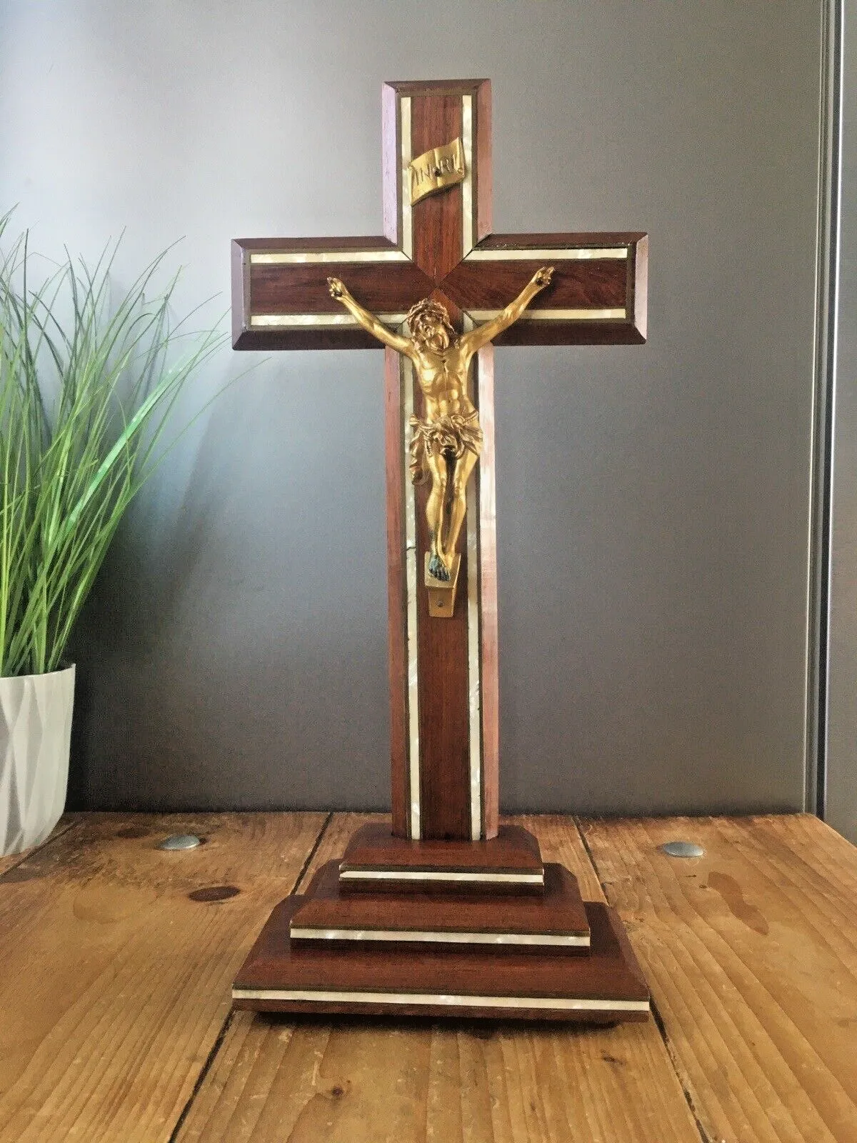 Large Antique Art Deco Wood & Mother Of Pearl Altar Crucifix Church Cross Jesus photo furniture