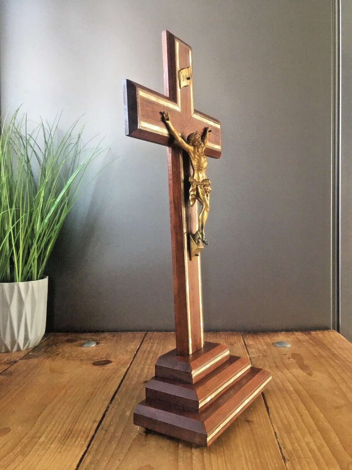 Large Antique Art Deco Wood & Mother Of Pearl Altar Crucifix Church Cross Jesus photo vinterior
