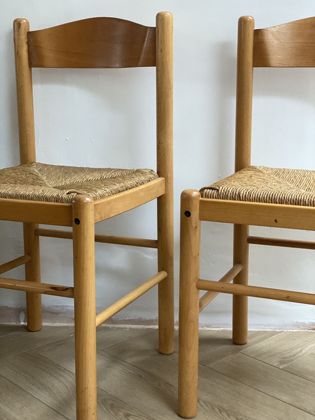 Vintage Italian Solid Wood Rush Dining Chairs In The Style Of Vico Magistretti