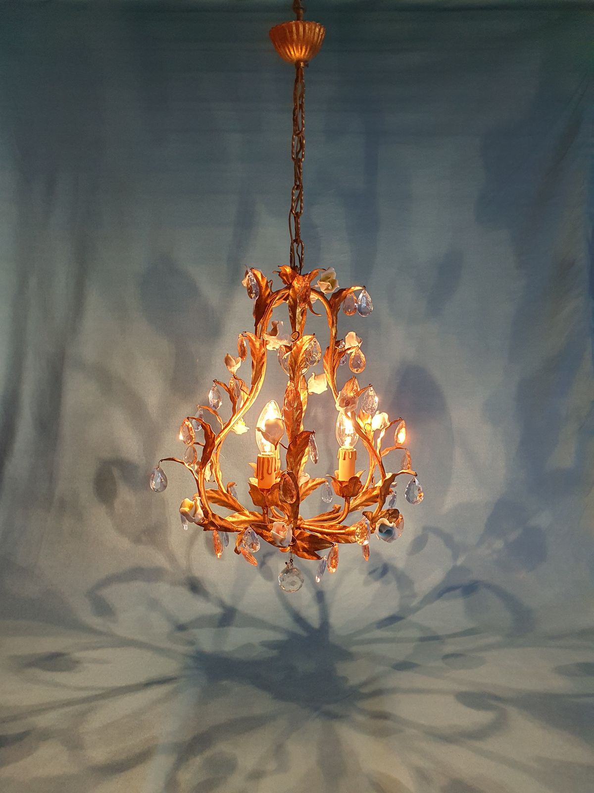 French Gilt Chandeliers And Wall Lights With Porcelain Flowers photo for sale