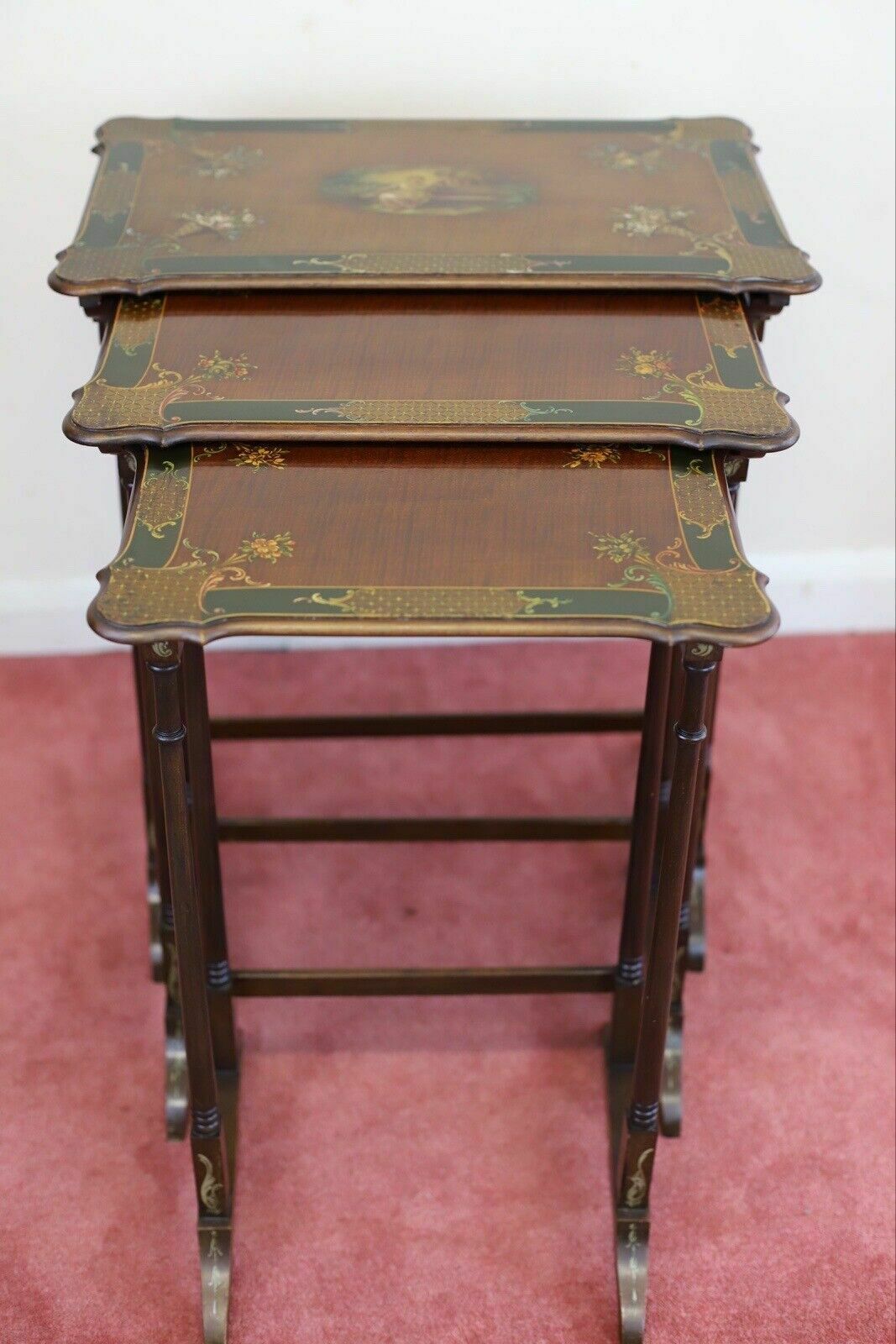 Fine Set Of Three Victorian Mahogany Hand Painted Nest Of Tables photo furniture