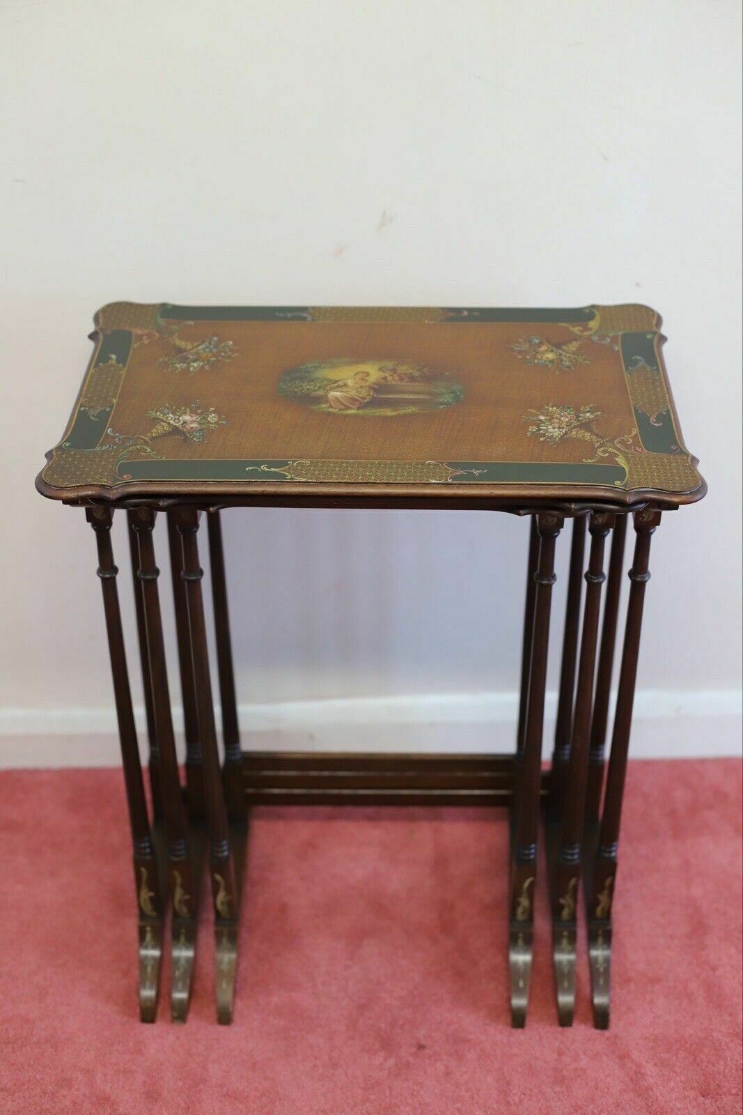 Fine Set Of Three Victorian Mahogany Hand Painted Nest Of Tables photo for sale