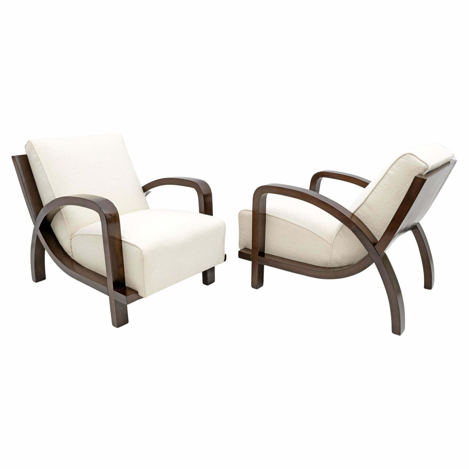 Pair Of Art Dèco Italian Bouclè And Walnut Chaise Longues, 1930s