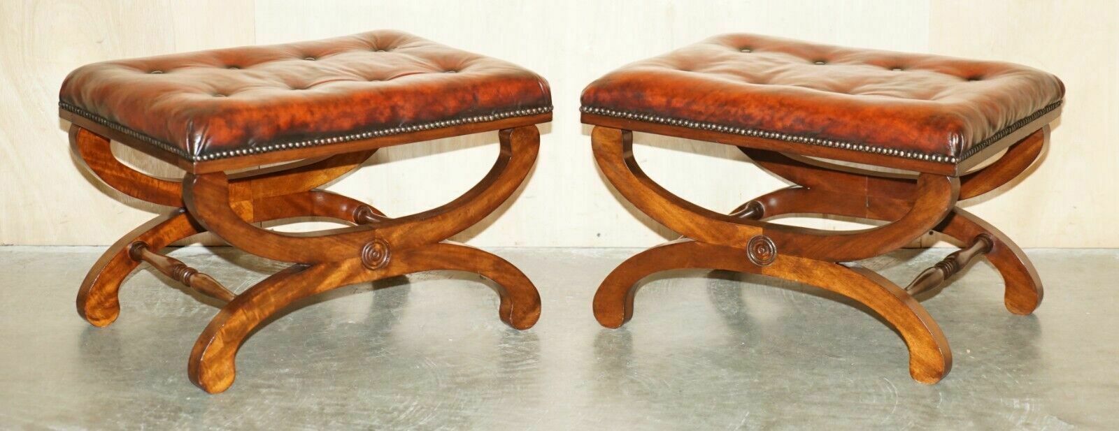 Pair Of Antique Regency Brown Leather Chesterfield Baron X Framed Footstools photo furniture