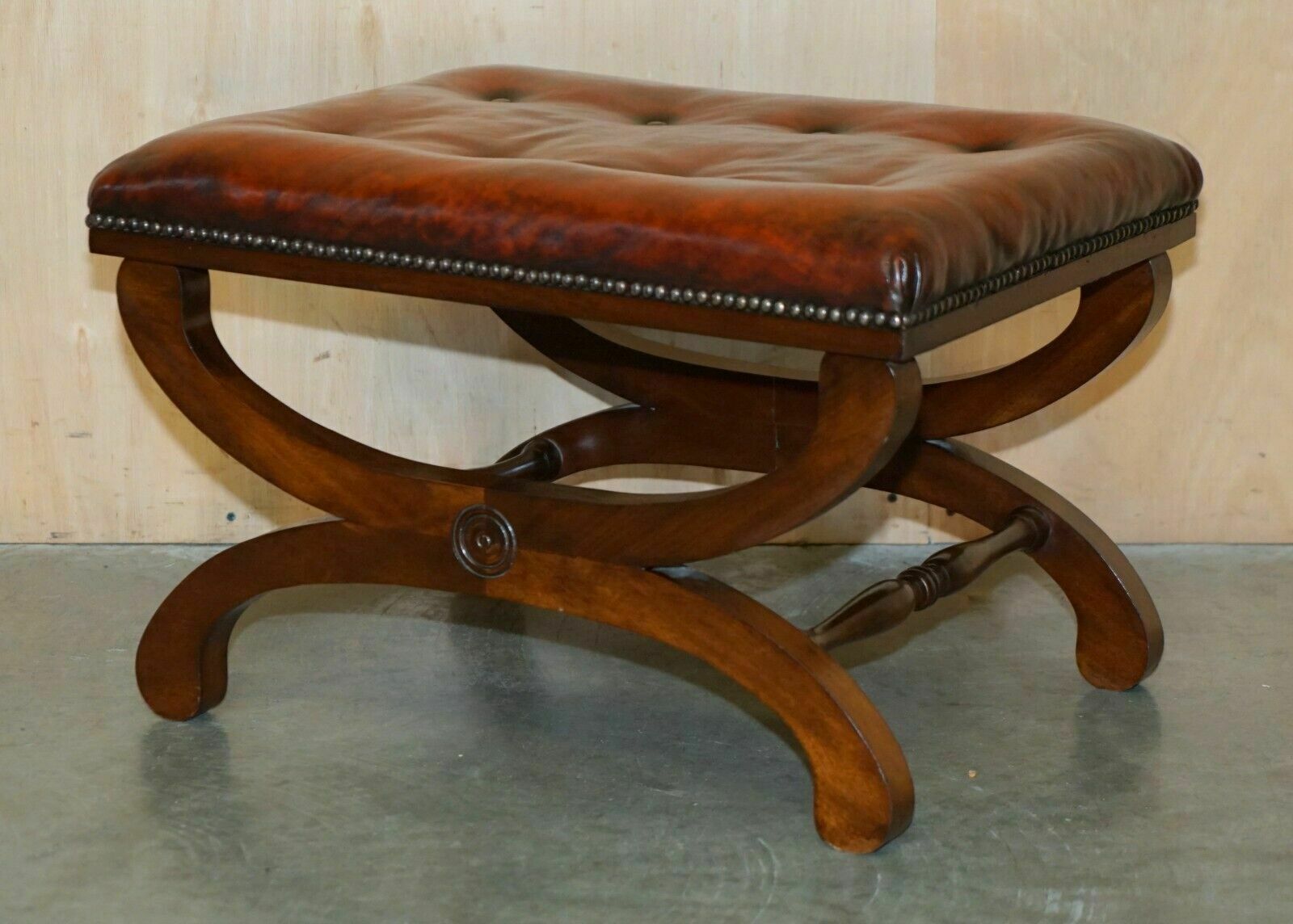 Pair Of Antique Regency Brown Leather Chesterfield Baron X Framed Footstools photo for sale