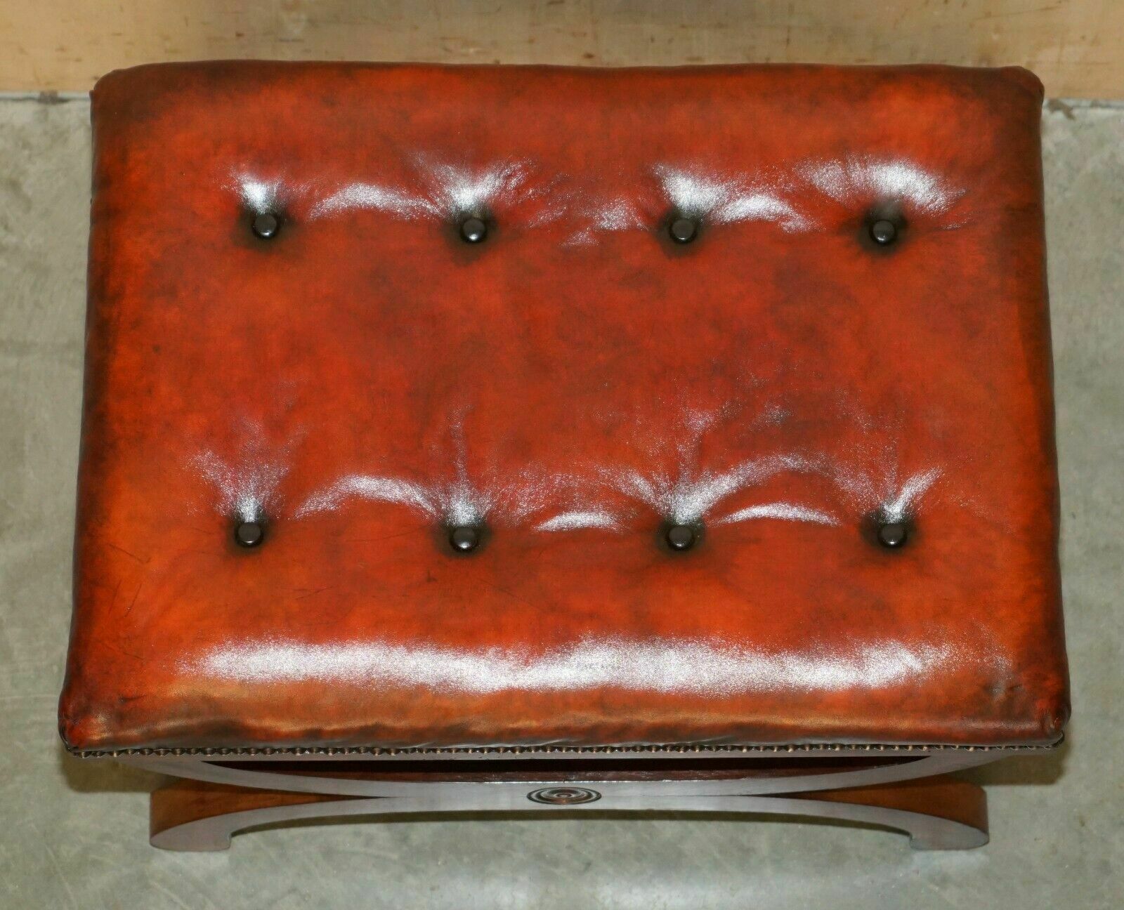photo vintage Pair Of Antique Regency Brown Leather Chesterfield Baron X Framed Footstools