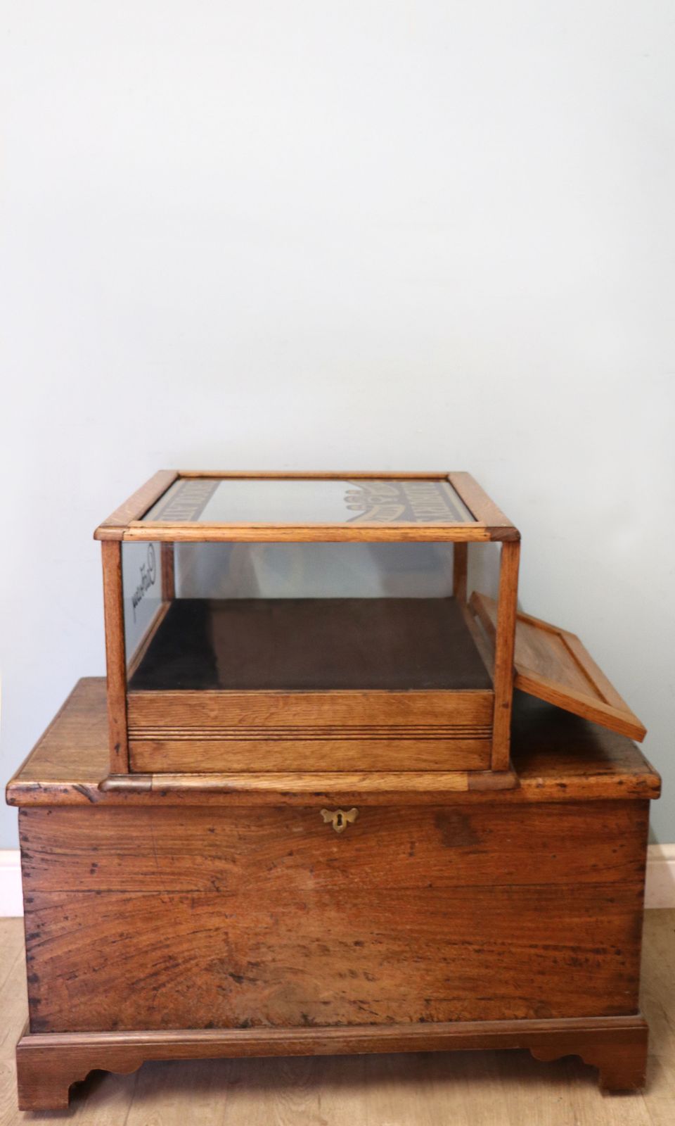 photo furniture A Lovely Early 20th Century Oak Countertop Display Cabinet, Later Sign Written For Cadburys Chocolate.