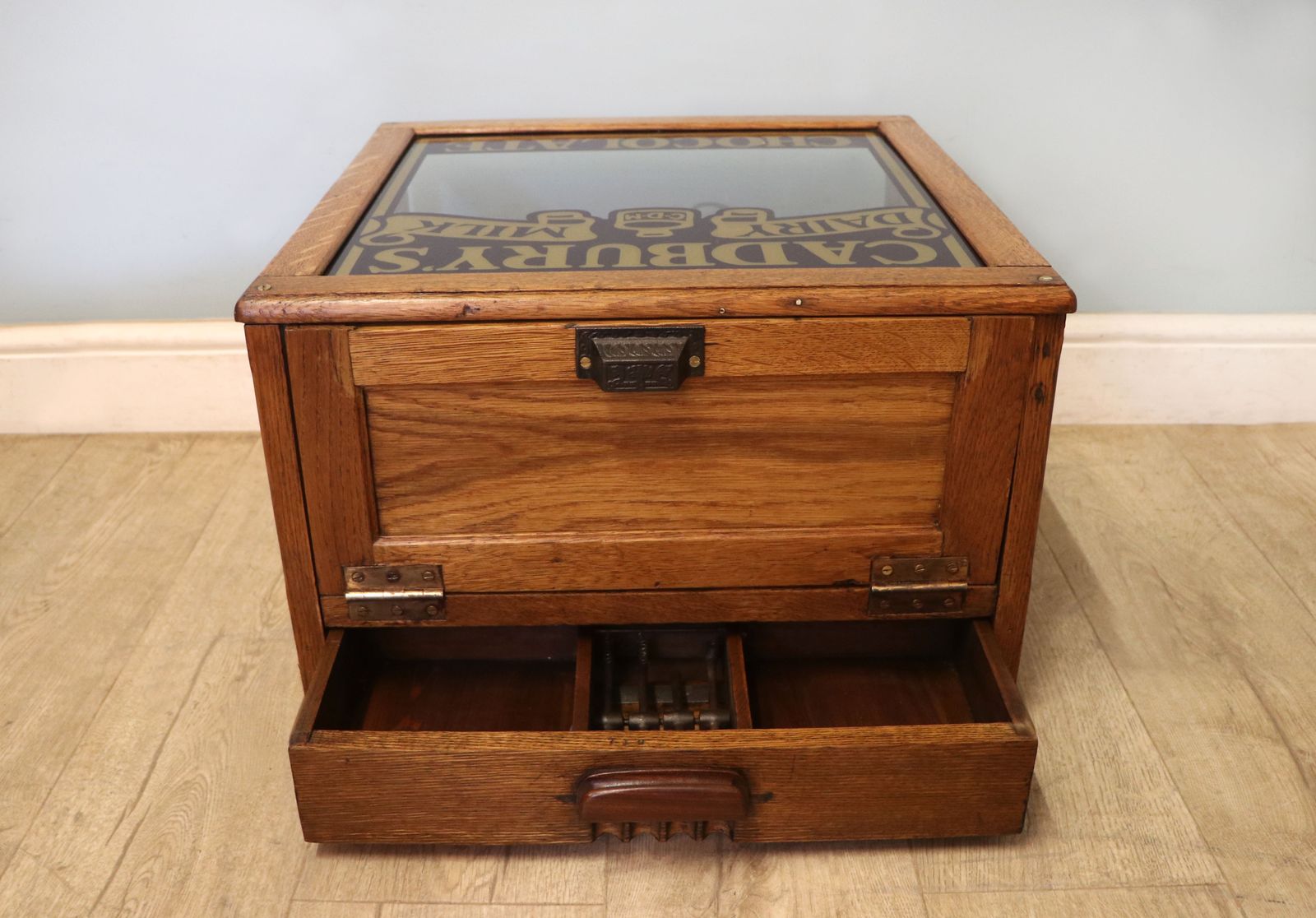 Furniture A Lovely Early 20th Century Oak Countertop Display Cabinet, Later Sign Written For Cadburys Chocolate. photo