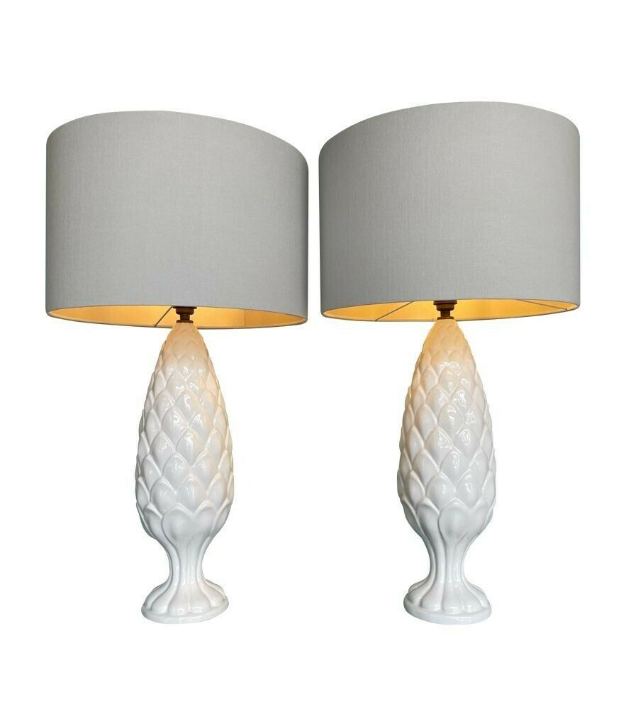 photo for sale A Pair Of Large Italian 1970s Ceramic Pineapple Lamps With New Bespoke Shades