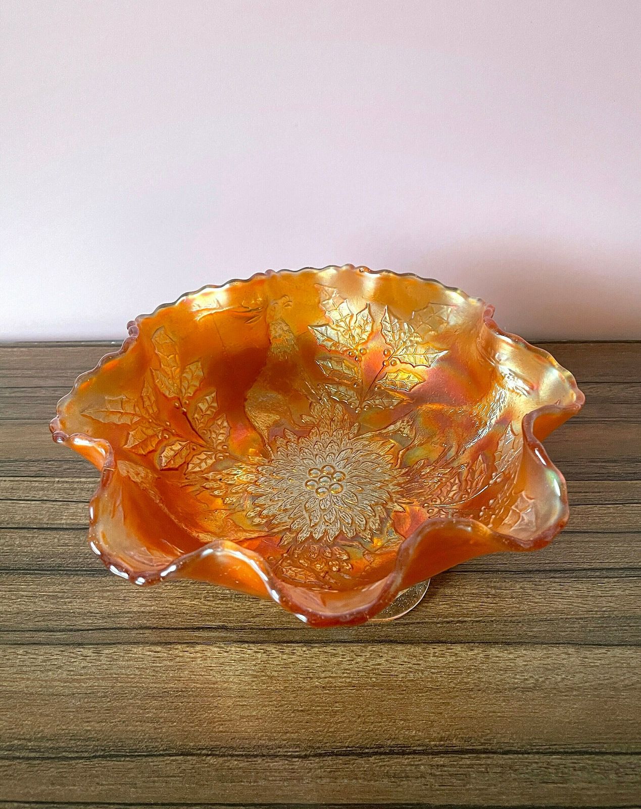 Fenton Carnival Glass Stag & Holly Vintage Bowl On 3 Feet, Deer And Holly Design Antique Marigold Glass Footed Dish, Collectable 20s Decor photo furniture