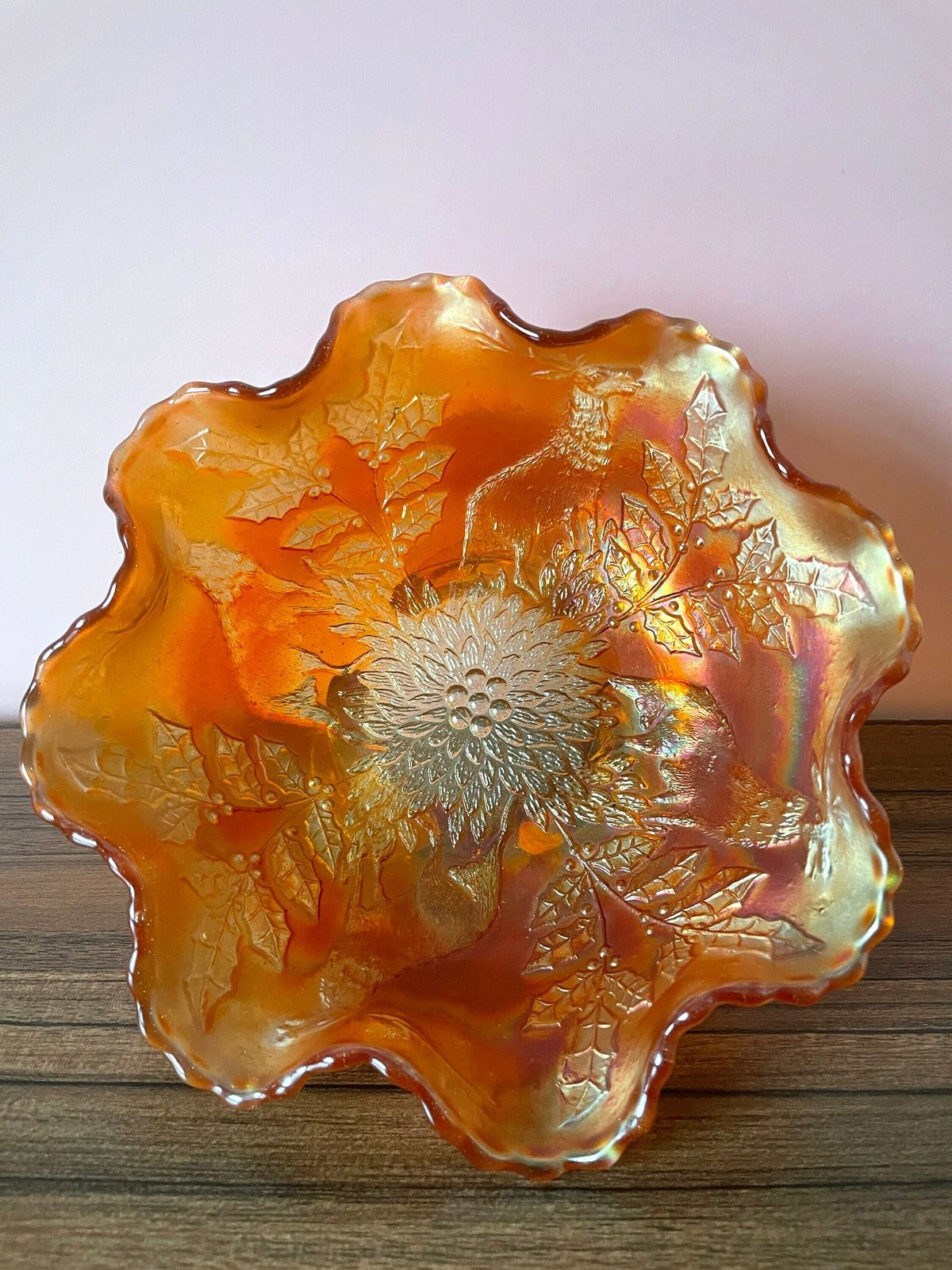 Fenton Carnival Glass Stag & Holly Vintage Bowl On 3 Feet, Deer And Holly Design Antique Marigold Glass Footed Dish, Collectable 20s Decor