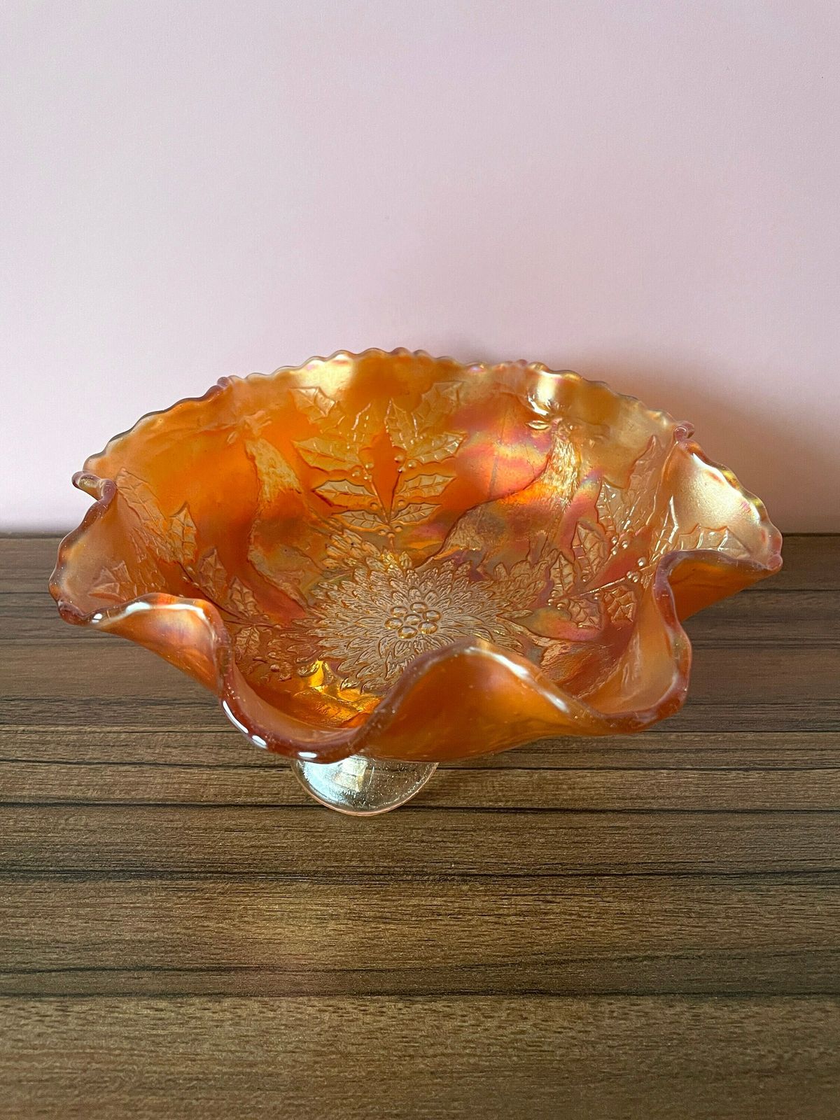 Fenton Carnival Glass Stag & Holly Vintage Bowl On 3 Feet, Deer And Holly Design Antique Marigold Glass Footed Dish, Collectable 20s Decor photo Home Decor