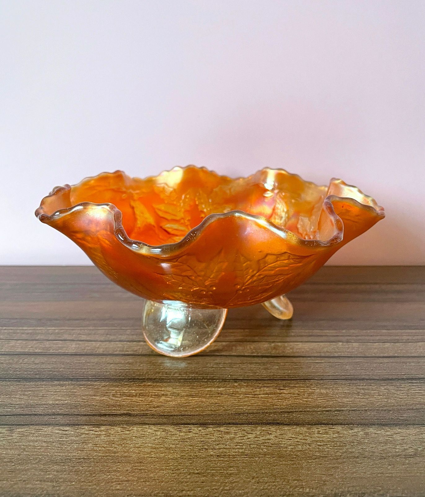 Fenton Carnival Glass Stag & Holly Vintage Bowl On 3 Feet, Deer And Holly Design Antique Marigold Glass Footed Dish, Collectable 20s Decor photo 55.0